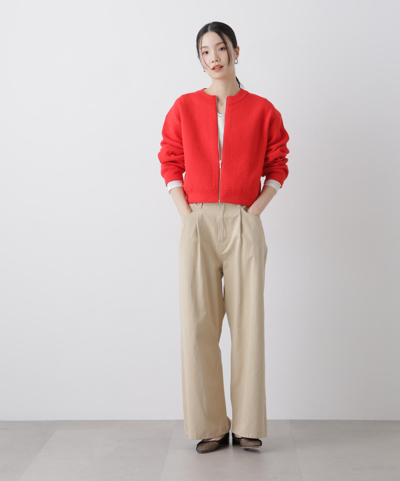 梨地ダブルフェイスジップアップニット 6736122306