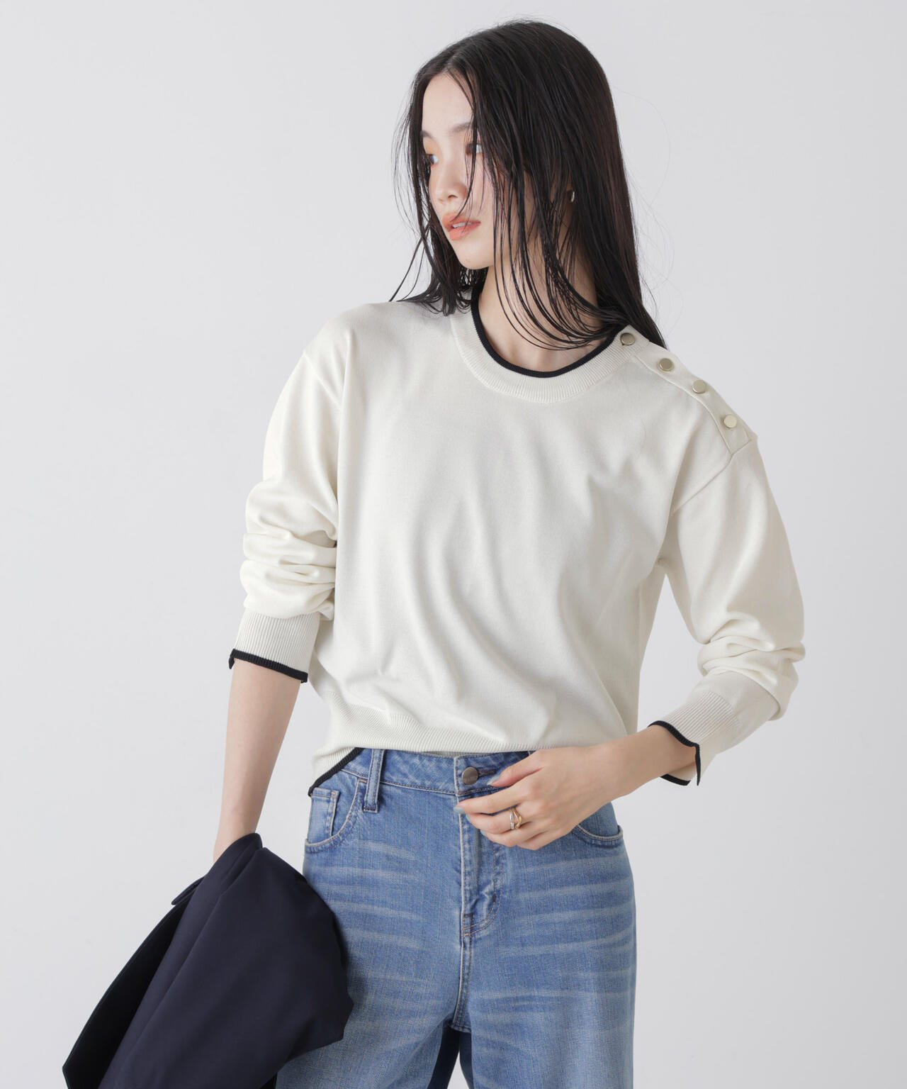 洗濯機洗可UVカットバイカラー釦ディティールニット 6736122308