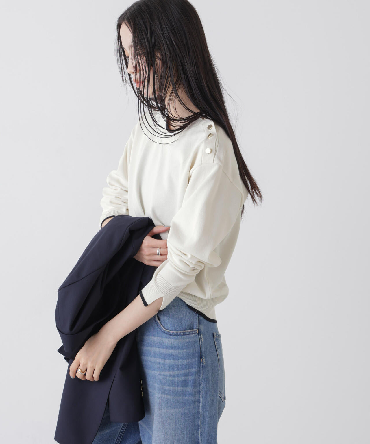 洗濯機洗可UVカットバイカラー釦ディティールニット 6736122308