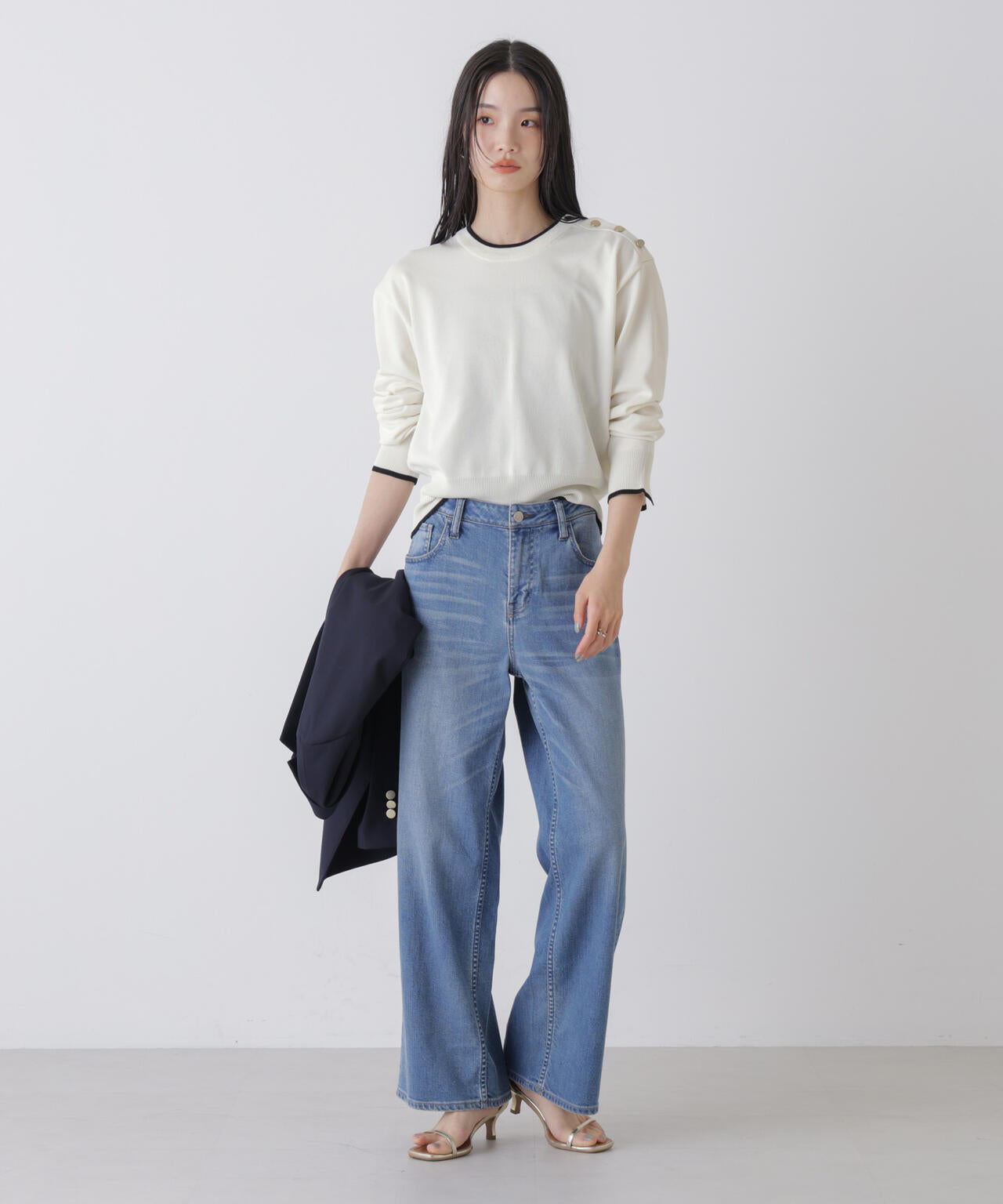 洗濯機洗可UVカットバイカラー釦ディティールニット 6736122308