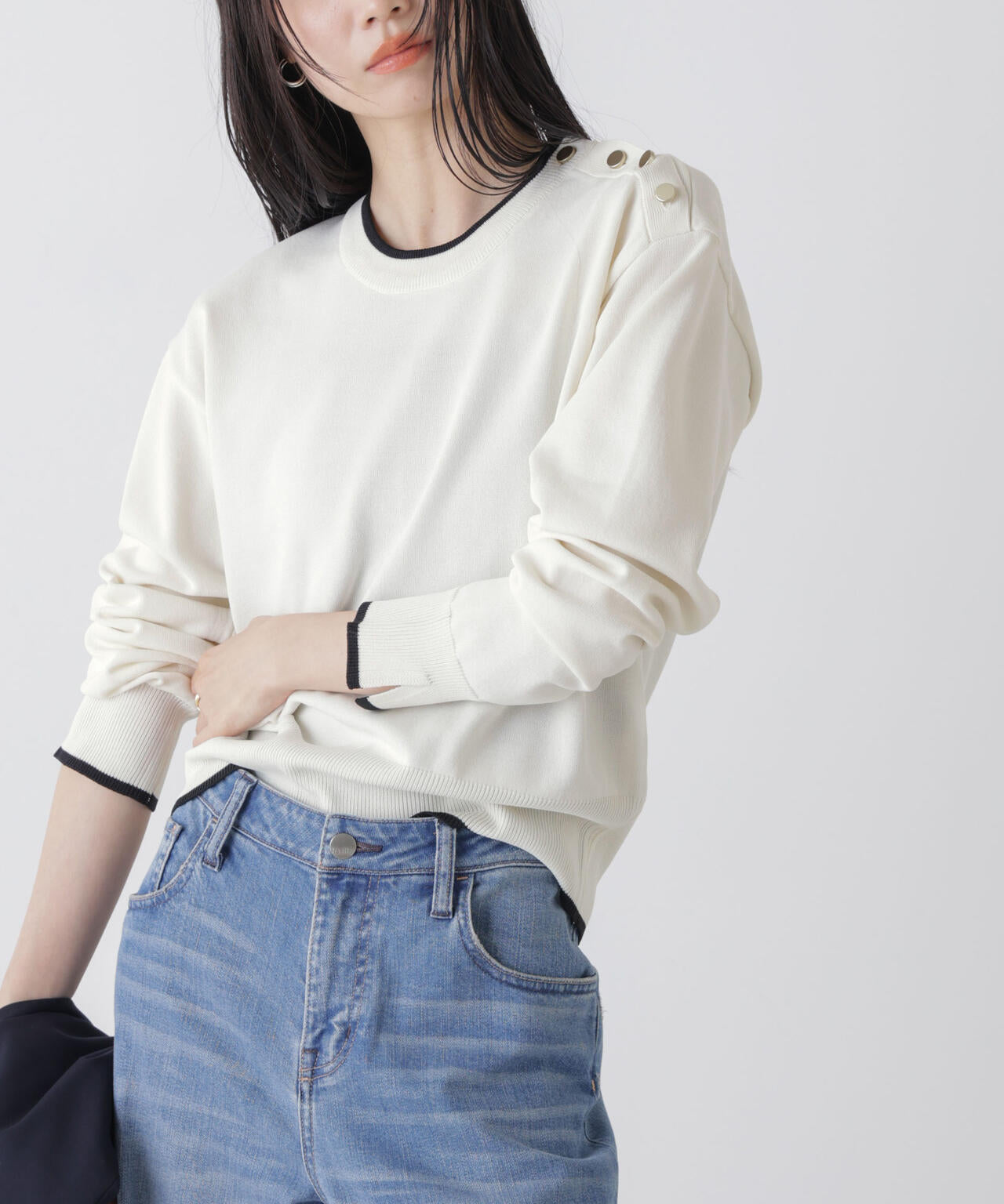 洗濯機洗可UVカットバイカラー釦ディティールニット 6736122308