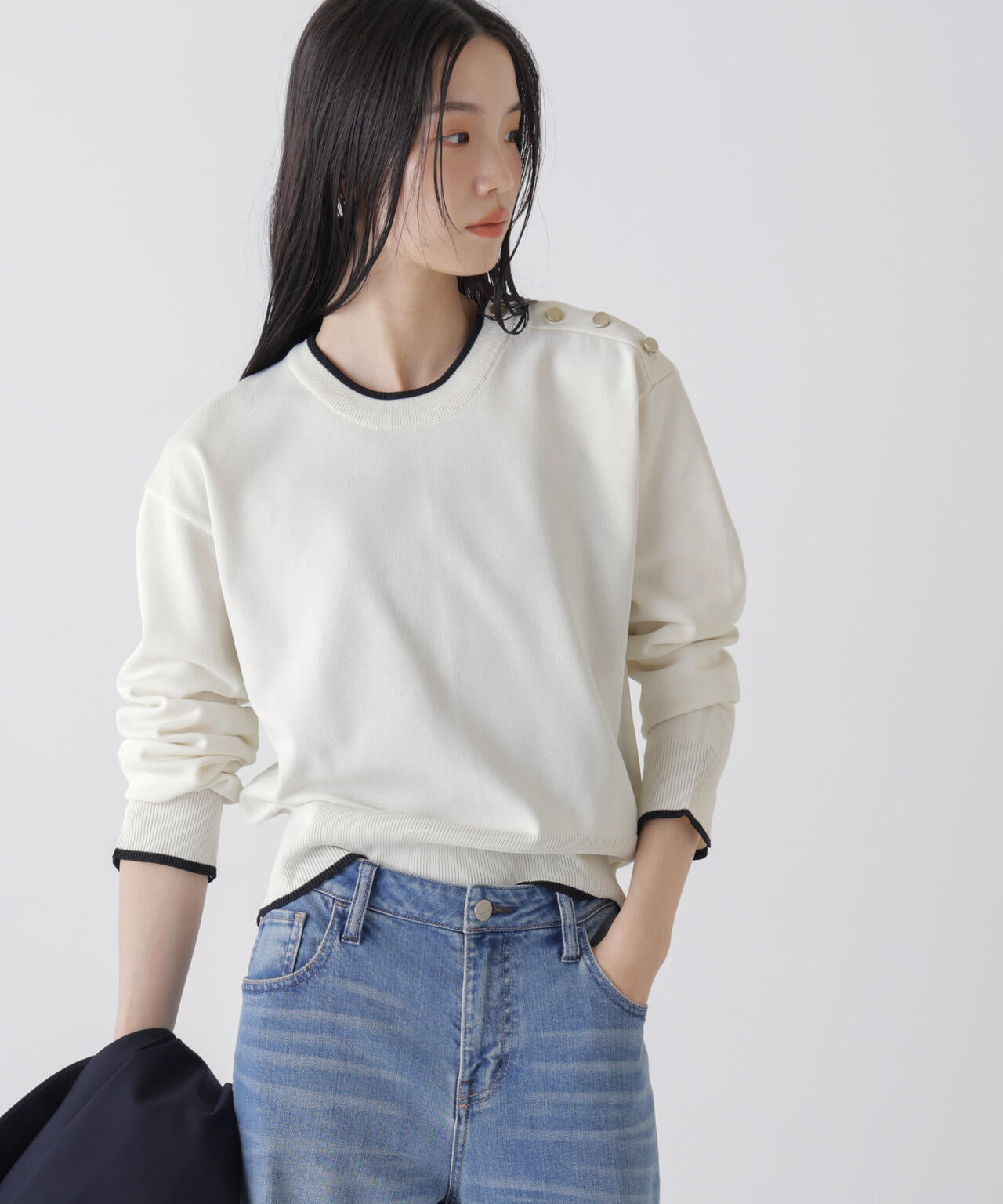 洗濯機洗可UVカットバイカラー釦ディティールニット