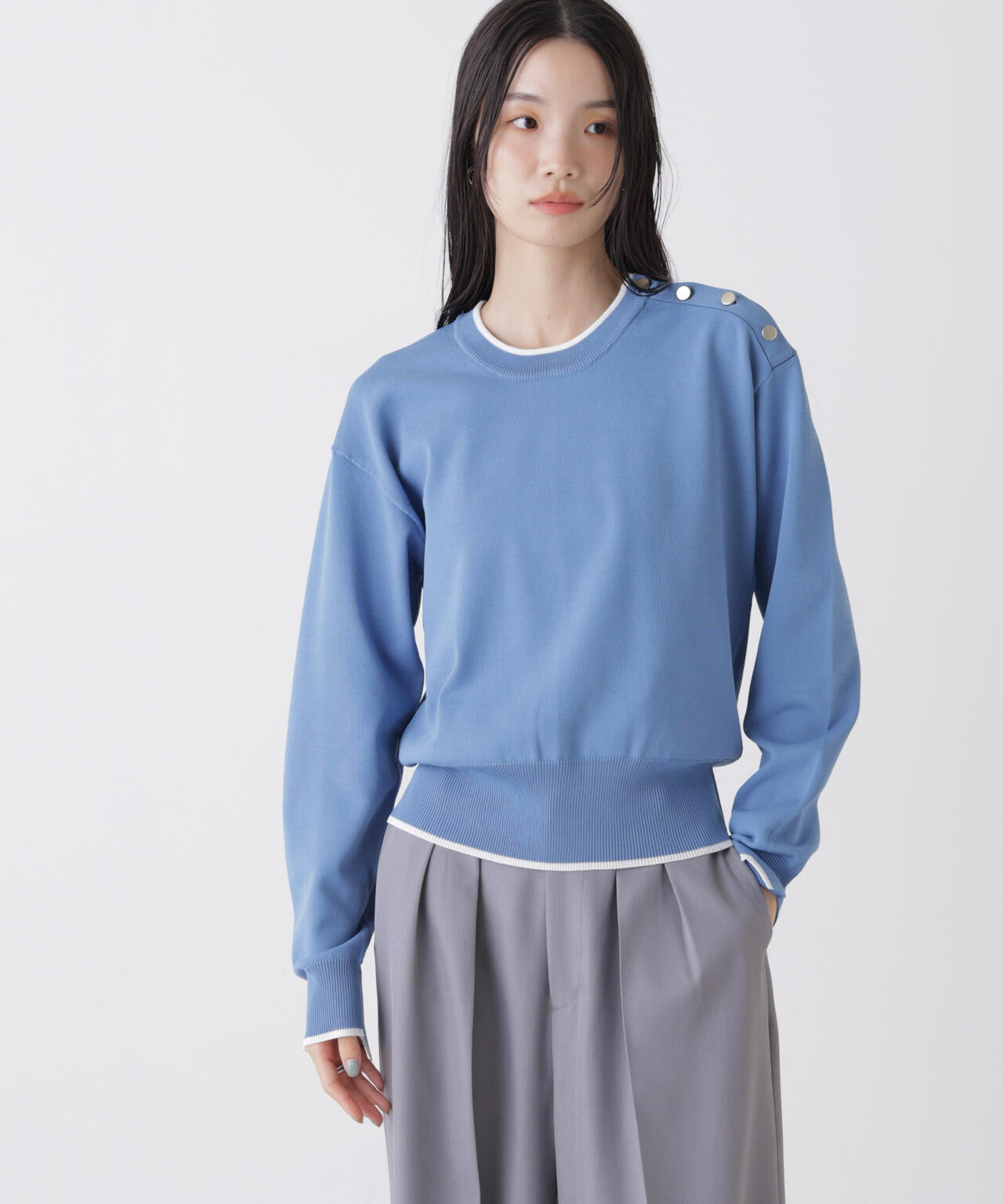 洗濯機洗可UVカットバイカラー釦ディティールニット 6736122308