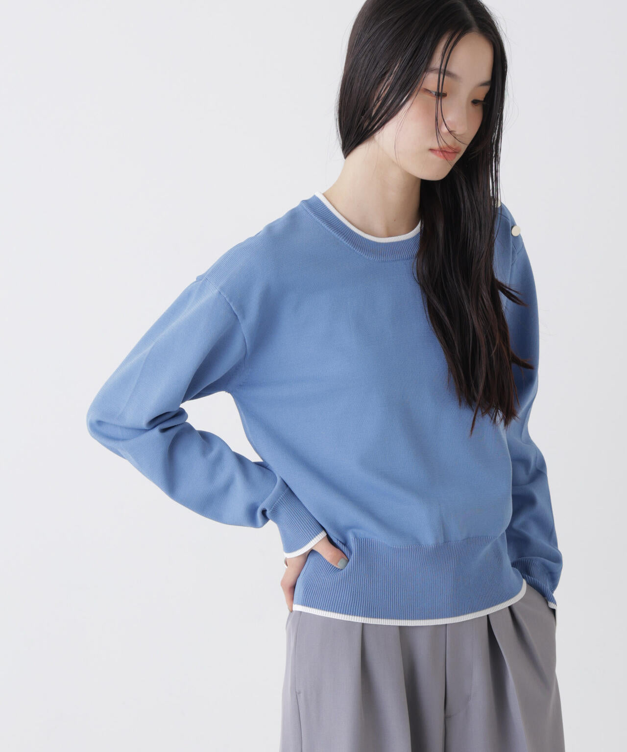 洗濯機洗可UVカットバイカラー釦ディティールニット 6736122308