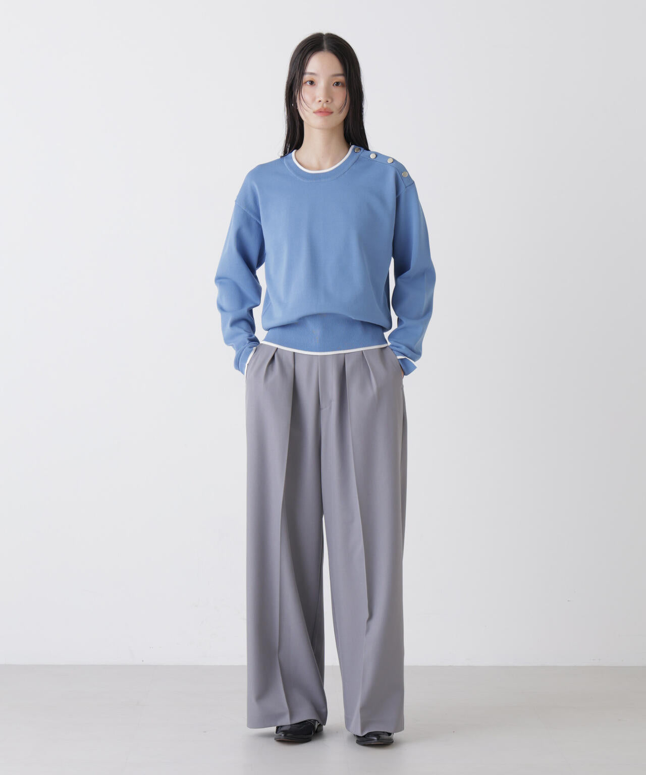 洗濯機洗可UVカットバイカラー釦ディティールニット 6736122308