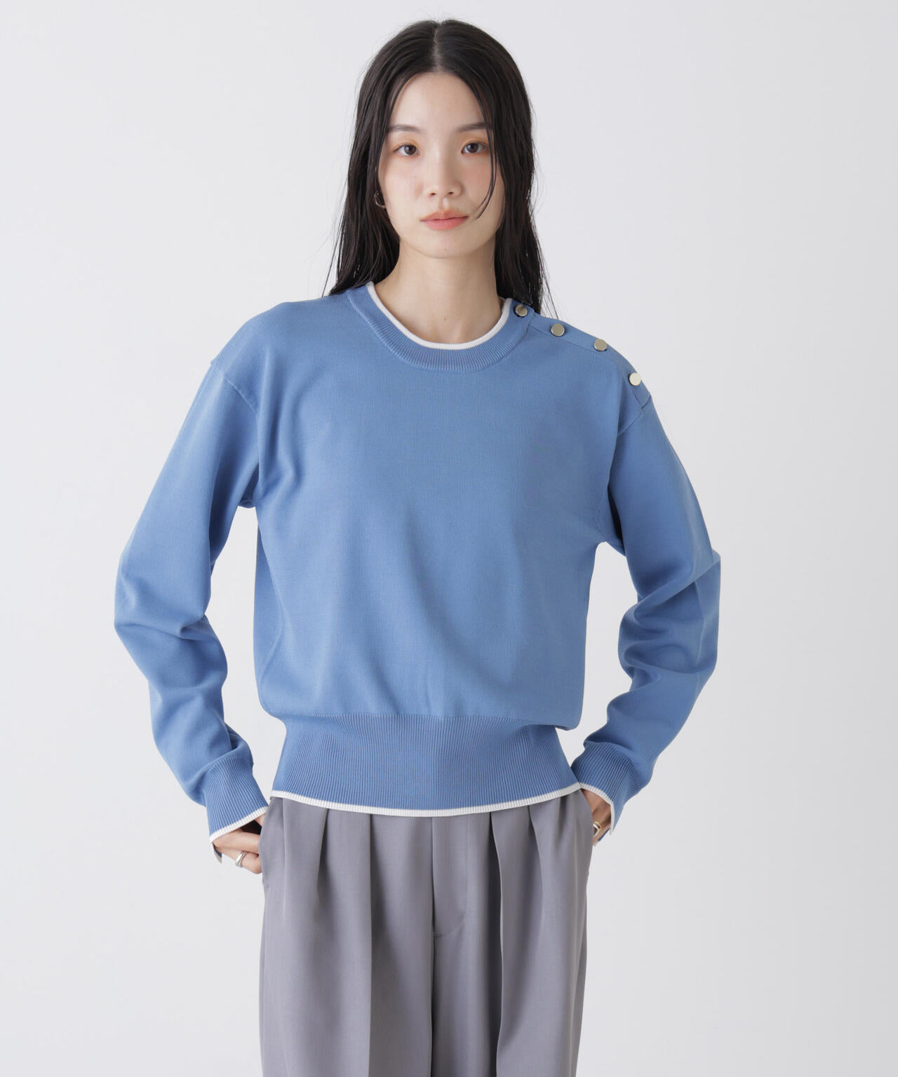 洗濯機洗可UVカットバイカラー釦ディティールニット 6736122308