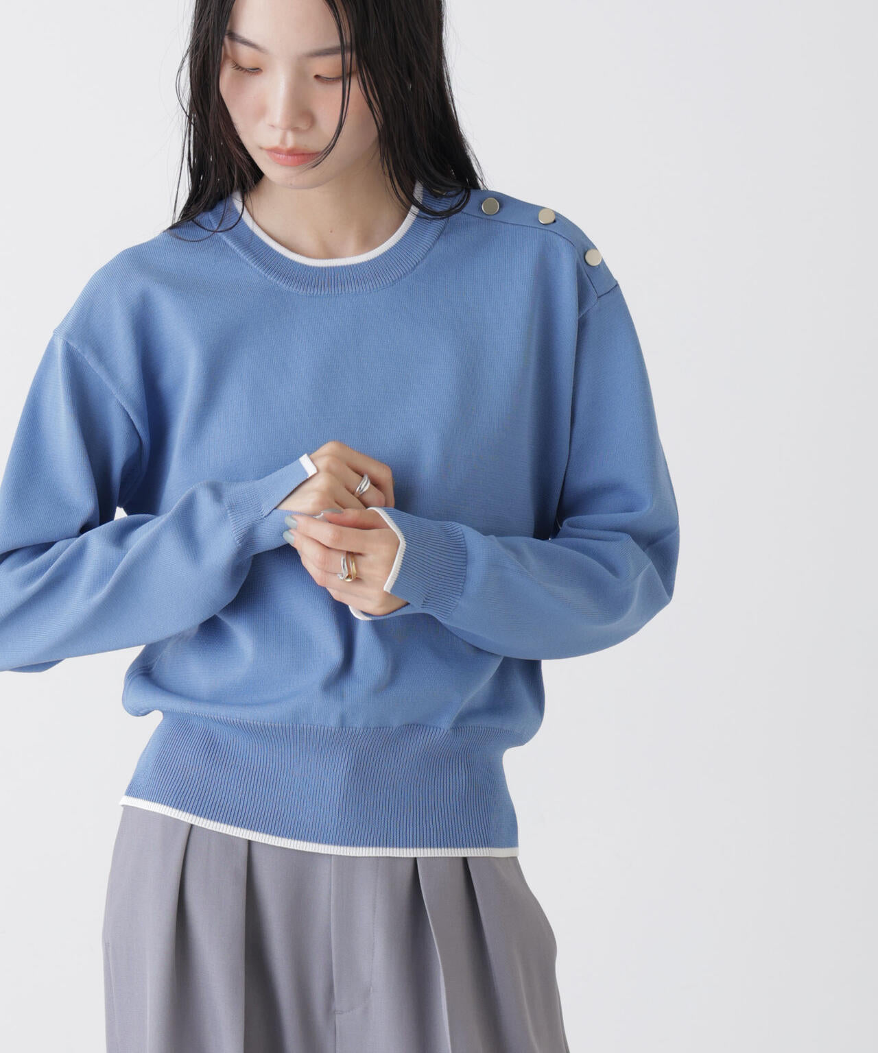 洗濯機洗可UVカットバイカラー釦ディティールニット