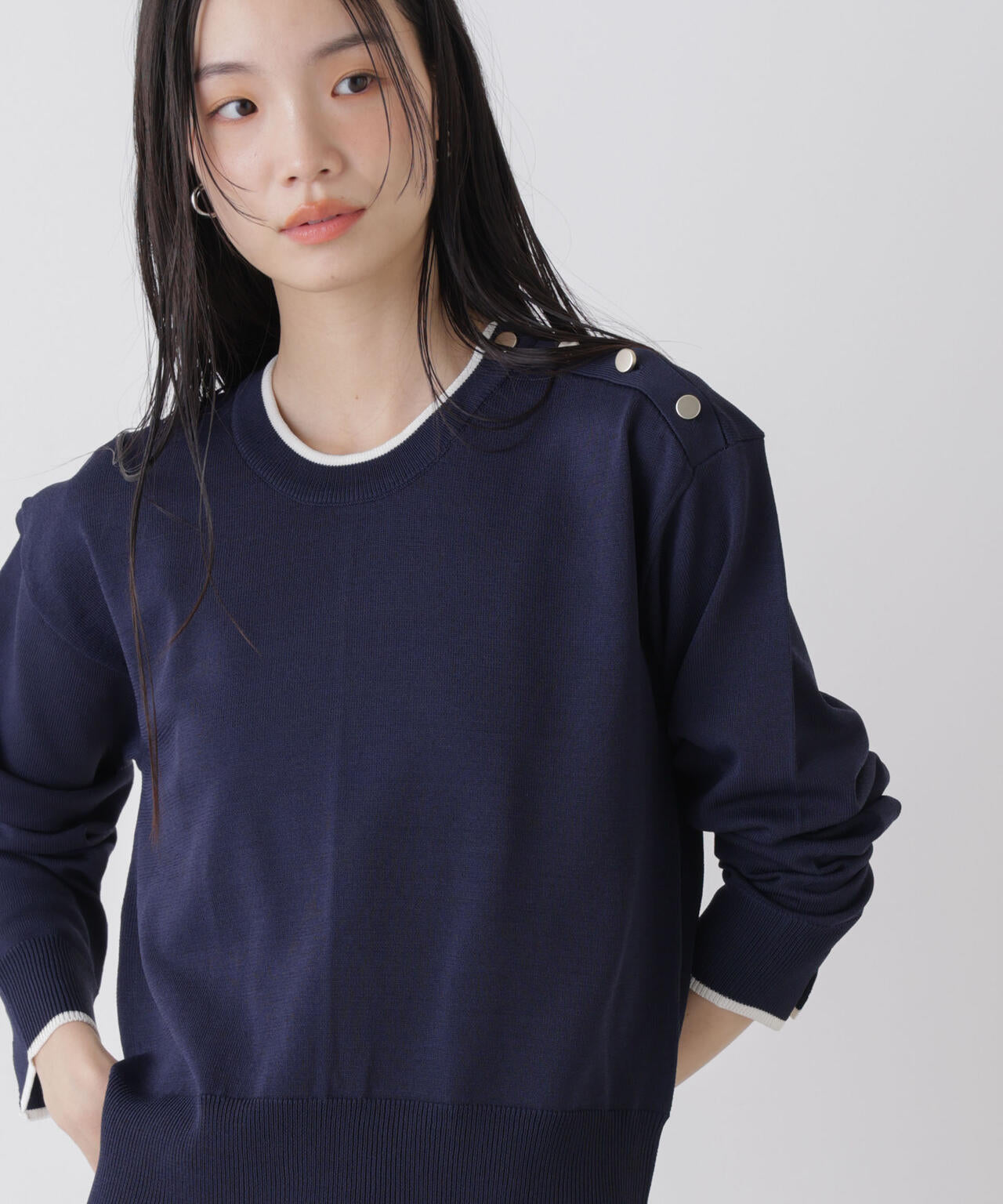 洗濯機洗可UVカットバイカラー釦ディティールニット 6736122308