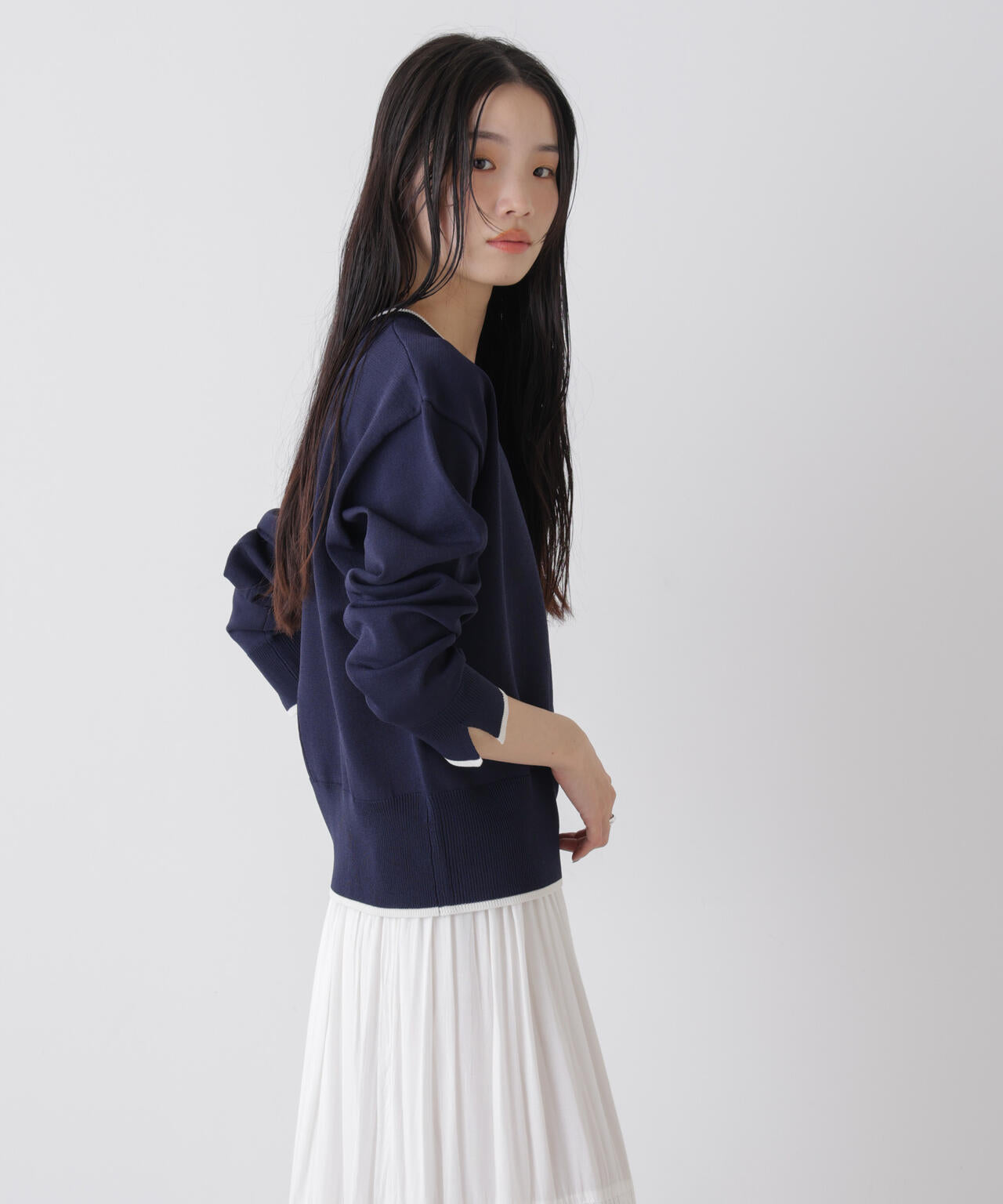 洗濯機洗可UVカットバイカラー釦ディティールニット 6736122308