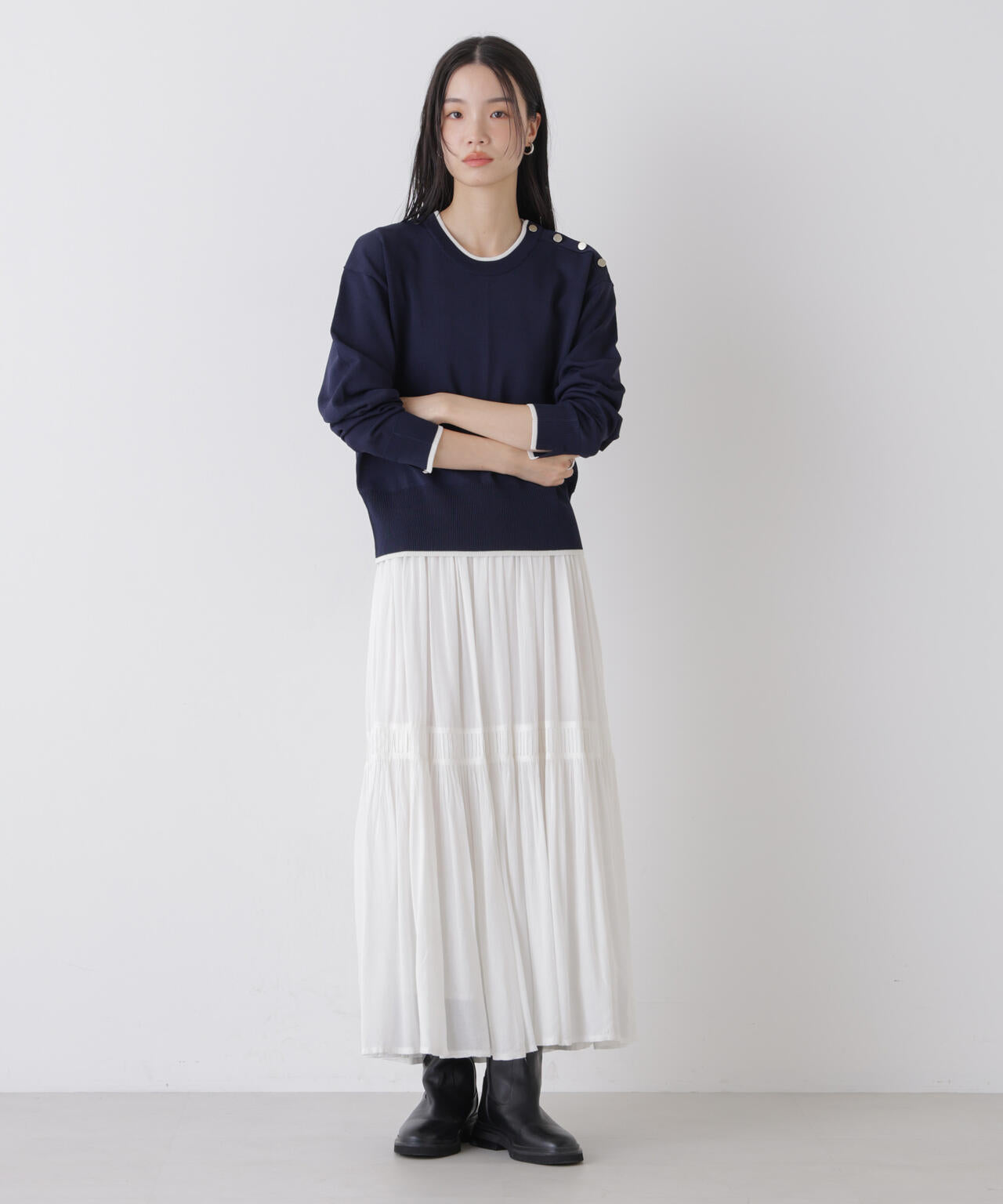 洗濯機洗可UVカットバイカラー釦ディティールニット 6736122308