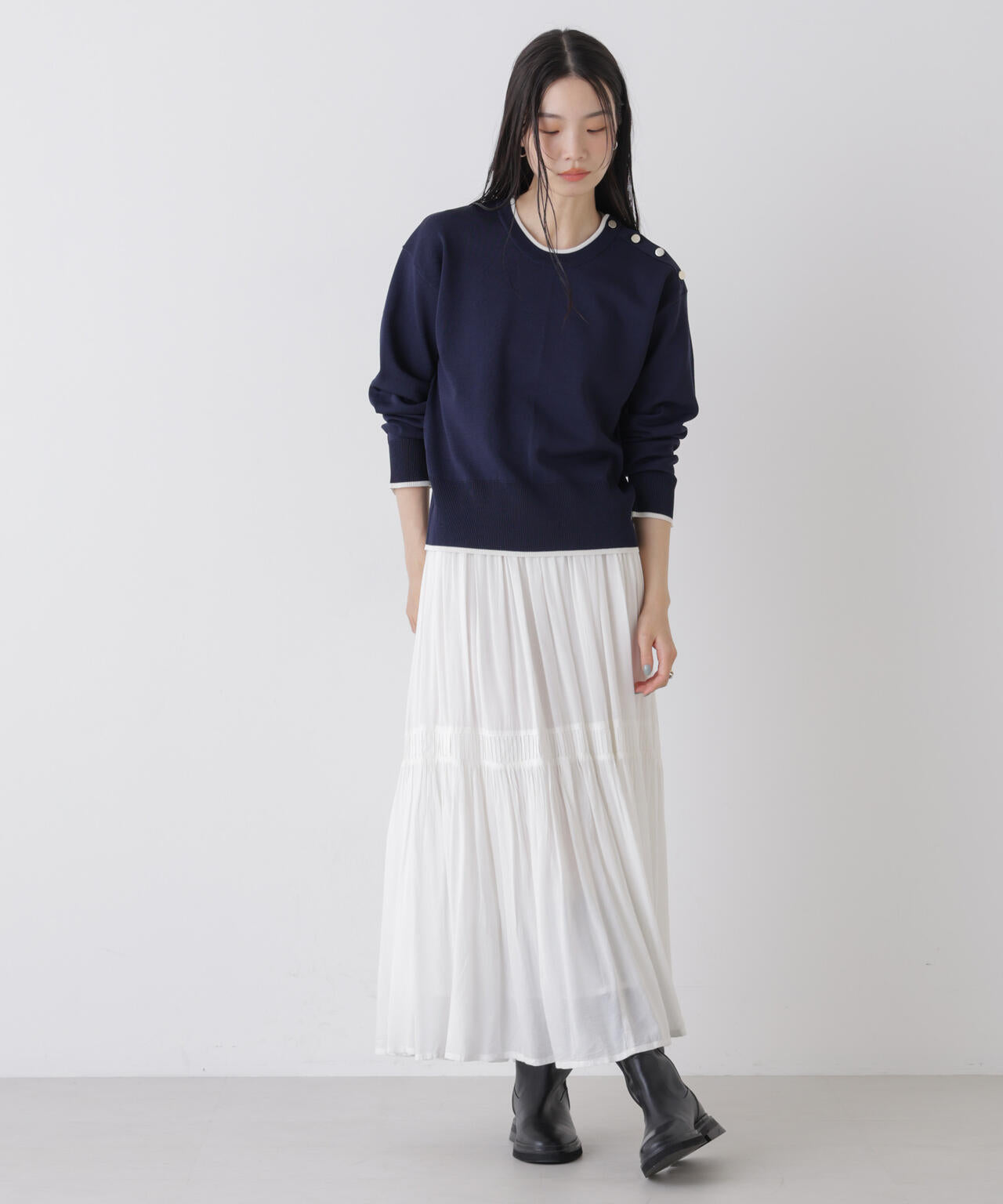 洗濯機洗可UVカットバイカラー釦ディティールニット 6736122308