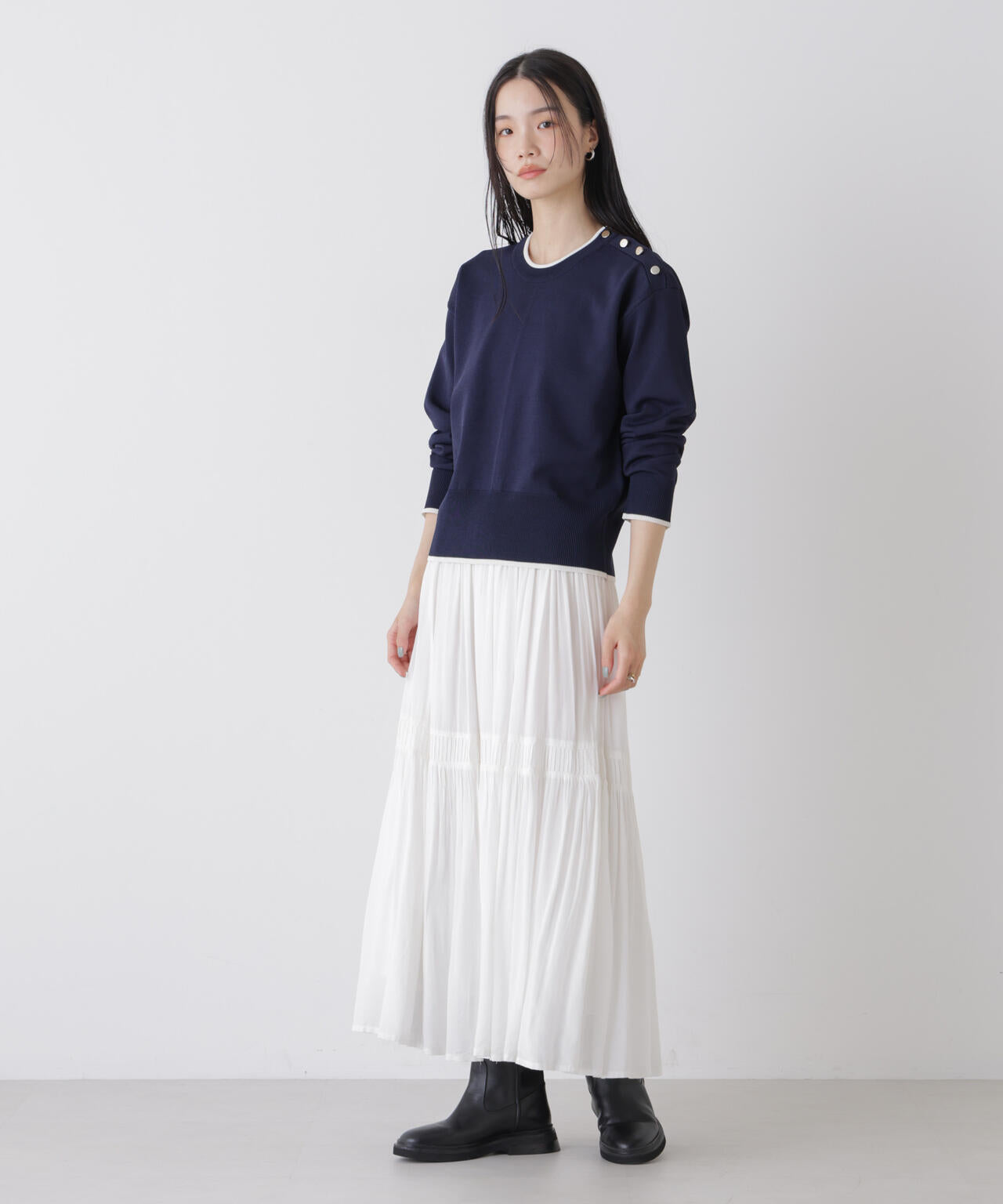 洗濯機洗可UVカットバイカラー釦ディティールニット 6736122308