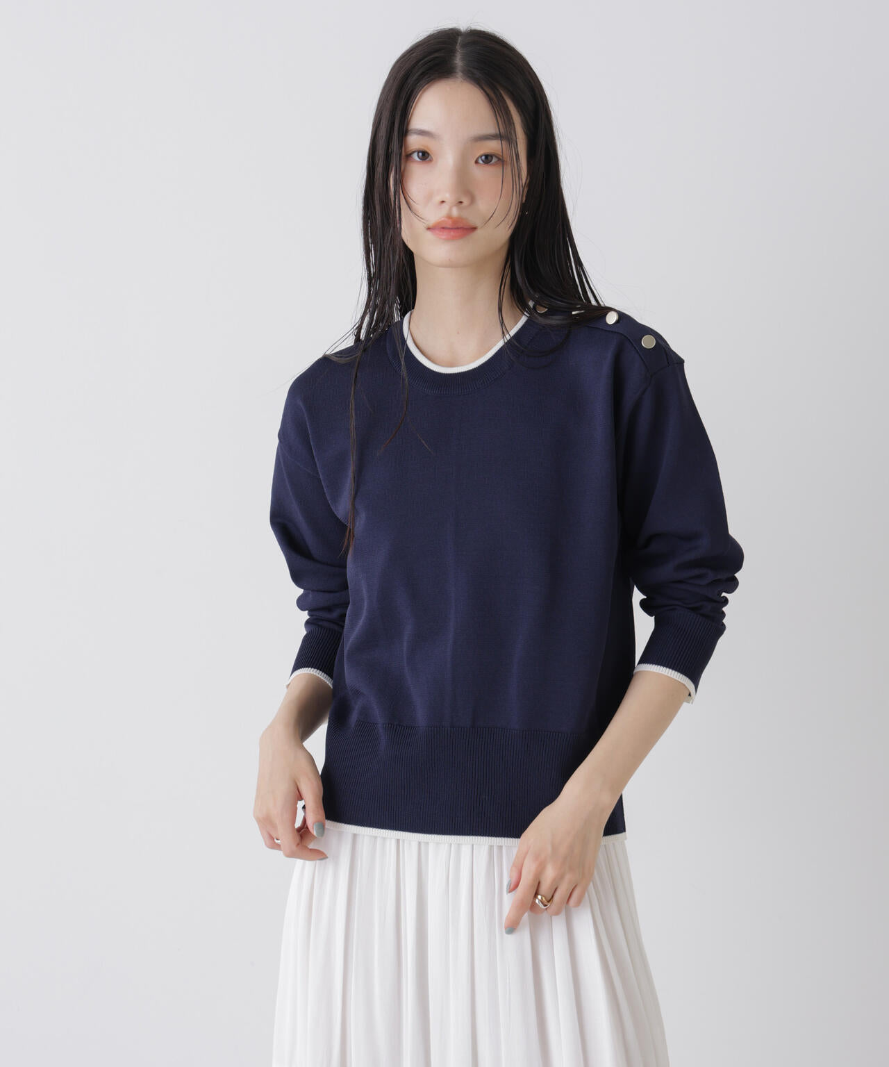 洗濯機洗可UVカットバイカラー釦ディティールニット 6736122308