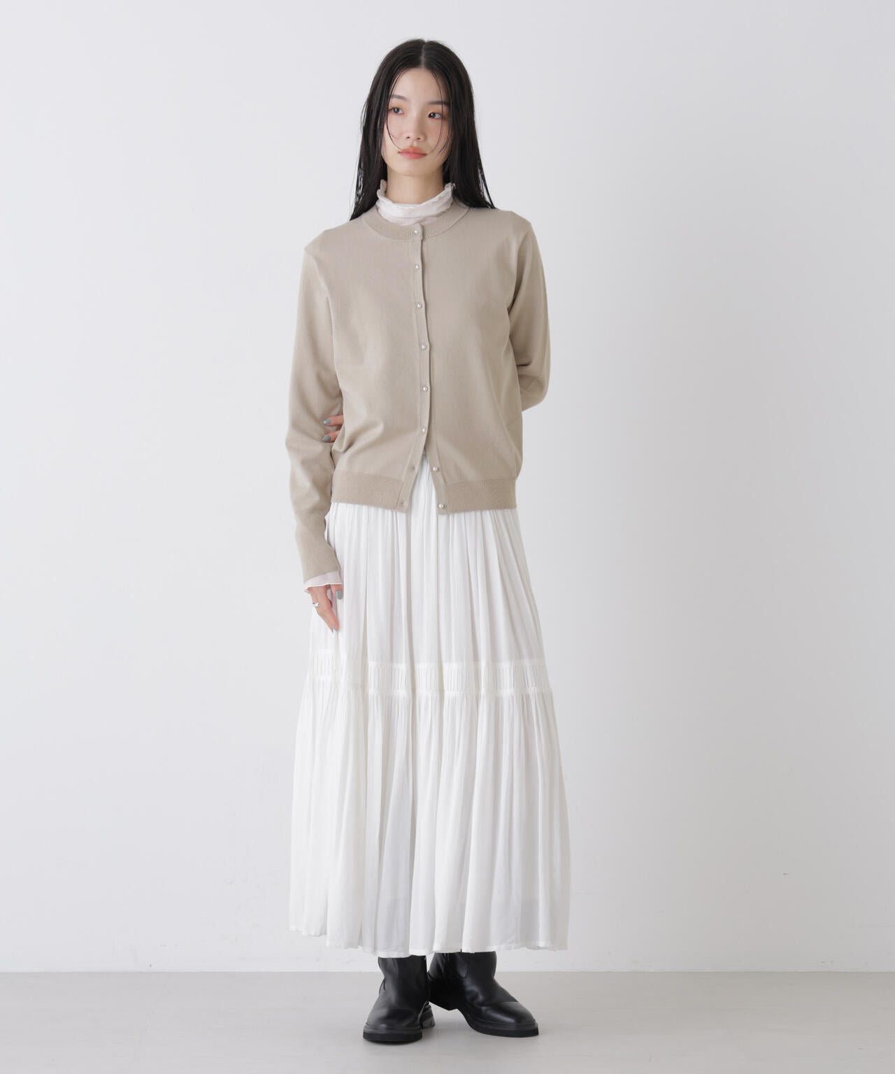 洗濯機洗可バンブーレーヨンニット パールボタンカーディガン 6736122310