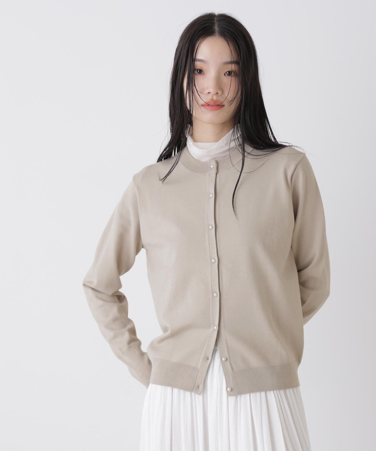 洗濯機洗可 バンブーレーヨンニット パールボタン カーディガン