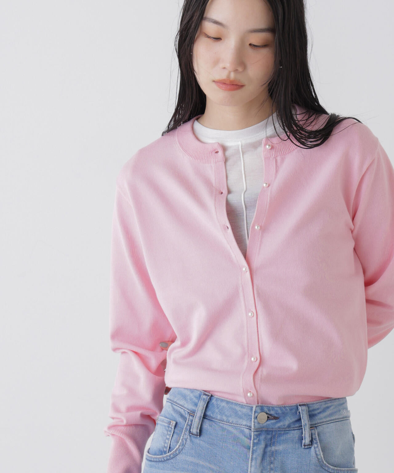 洗濯機洗可バンブーレーヨンニット パールボタンカーディガン 6736122310