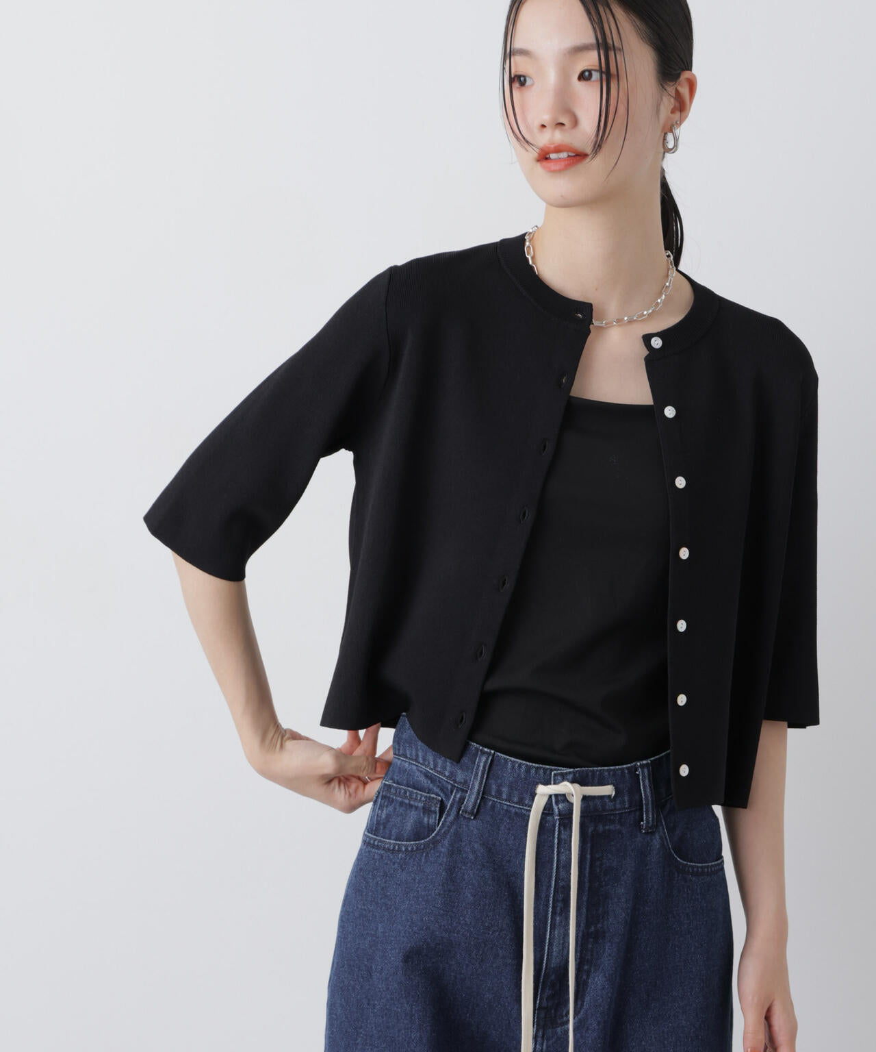☆新品☆ blue berry farm/半袖ニット カーディガン ブラック M 洗濯機洗い可 UVカット 接触冷感 半袖 カーディガン