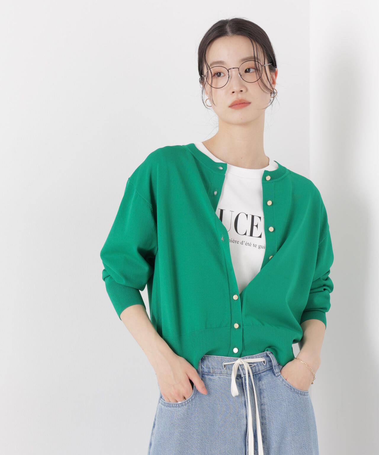 洗濯機洗い可UVカット接触冷感金ボタンクルーカーディガン