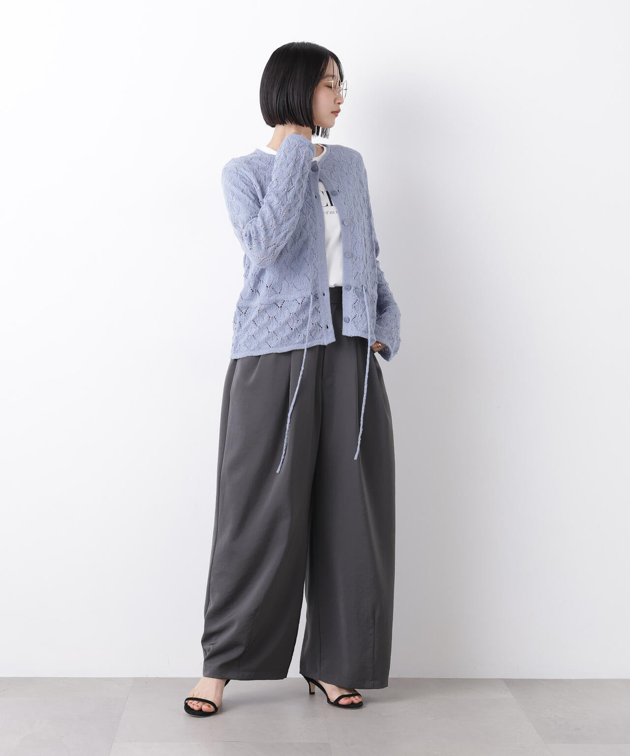 透かし柄 ペプラム ニット カーディガン