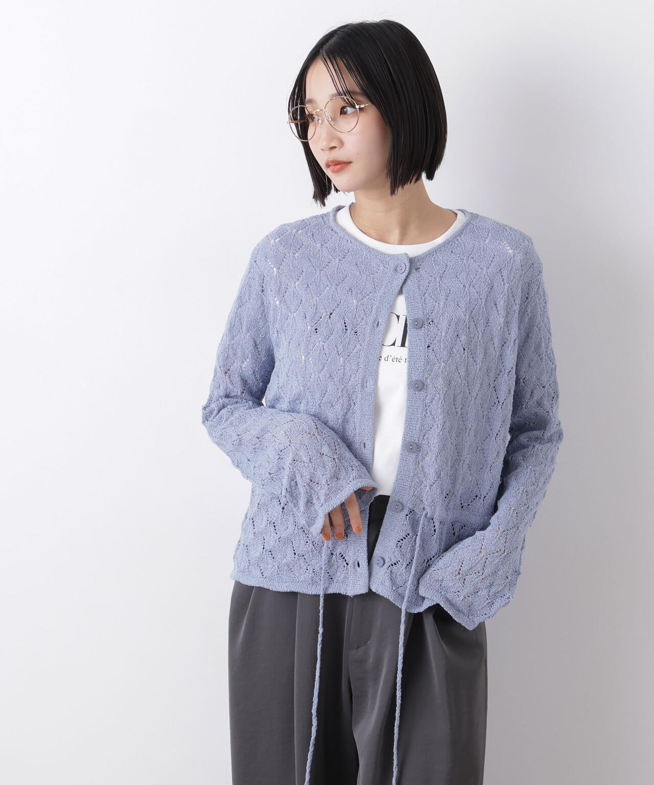 透かし柄ペプラムニットカーディガン