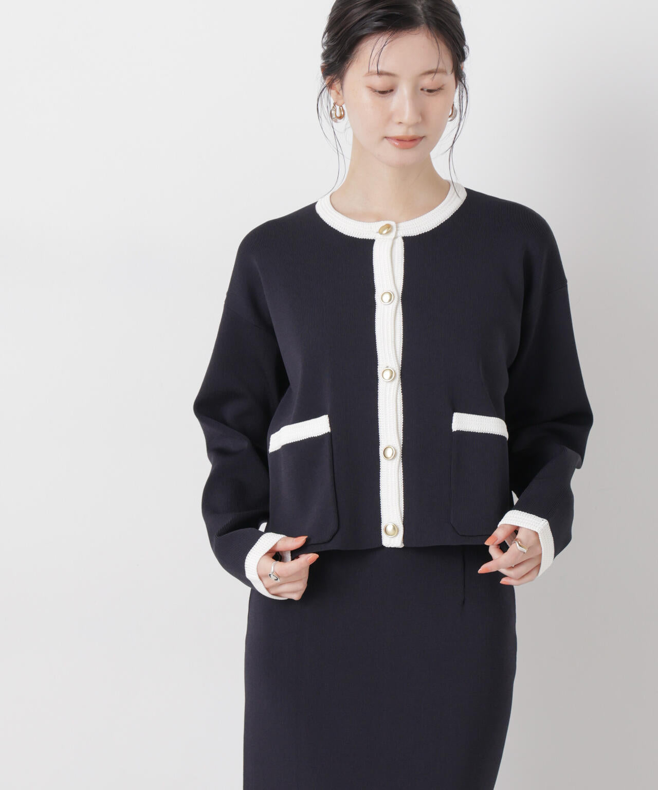 洗濯機洗可バイカラーニットジャケットカーディガン(セットアップ可)