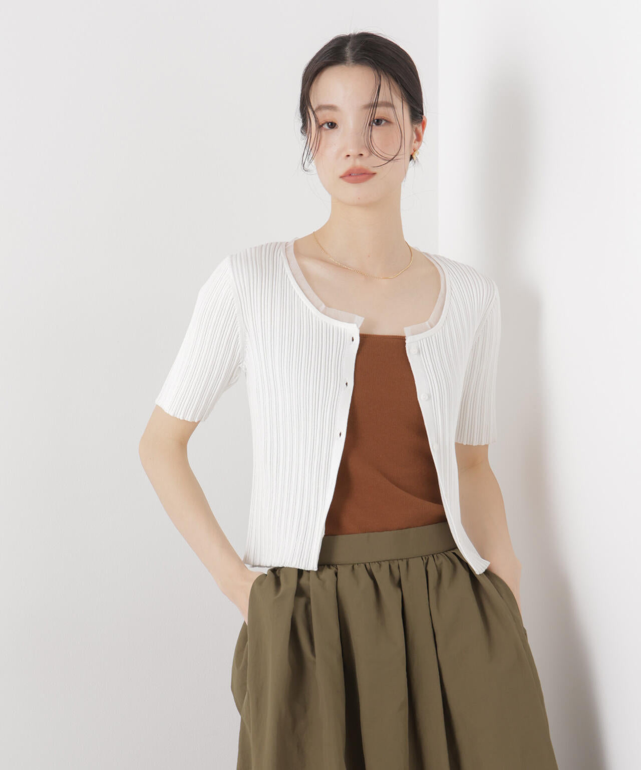 チュールコンビ半袖リブカーディガン 6736122321