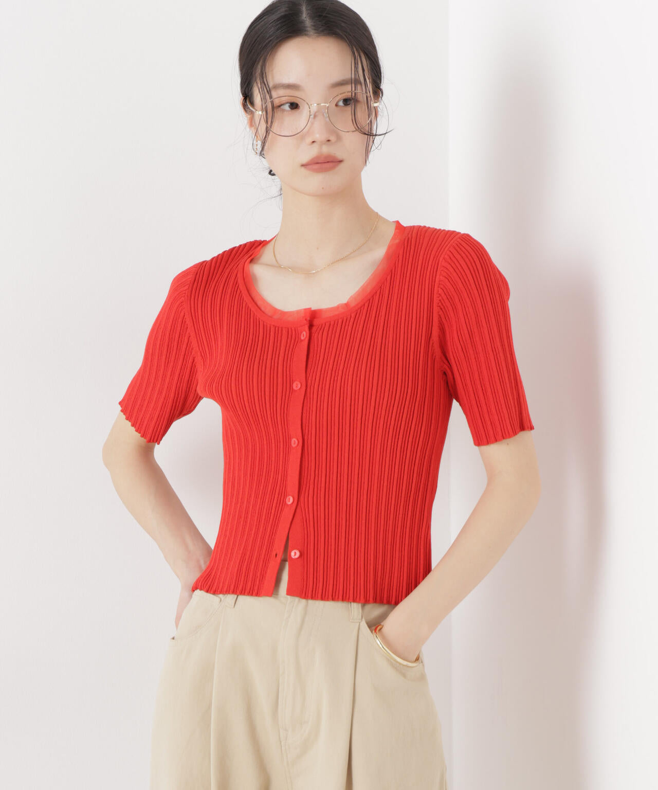 チュールコンビ半袖リブカーディガン 6736122321