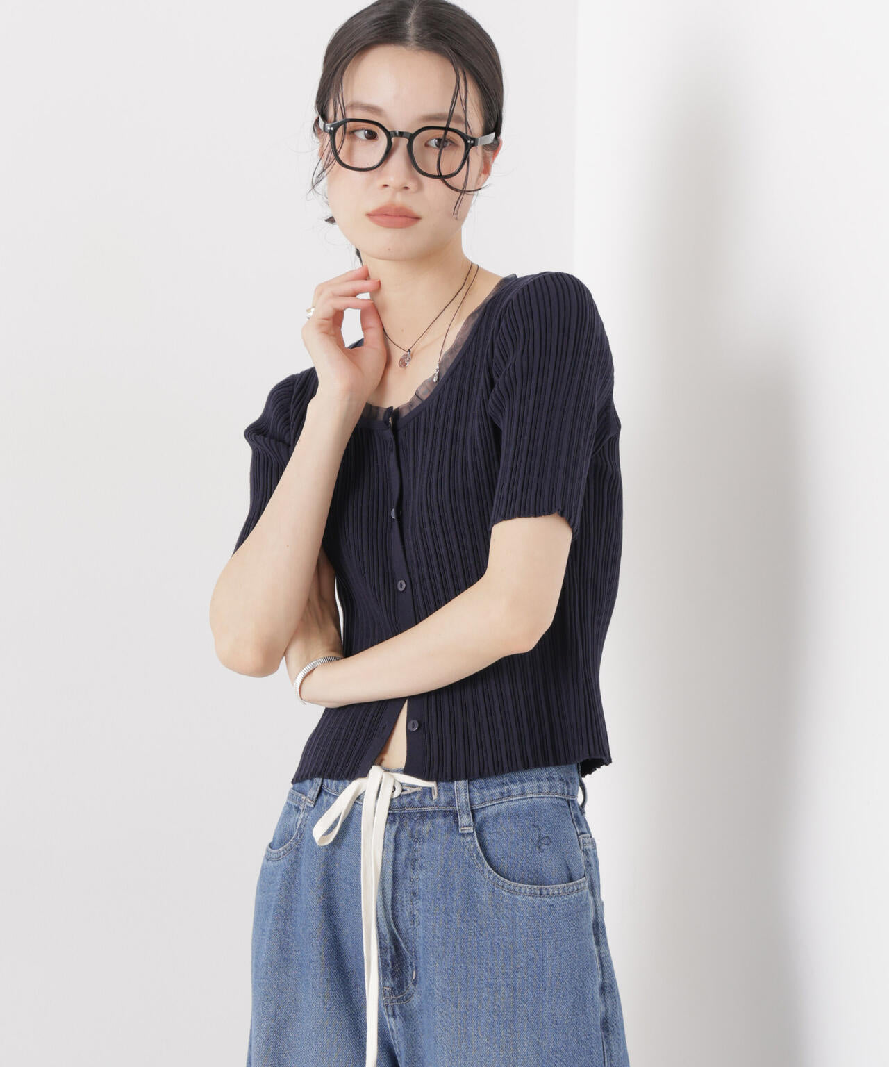 チュールコンビ半袖リブカーディガン 6736122321