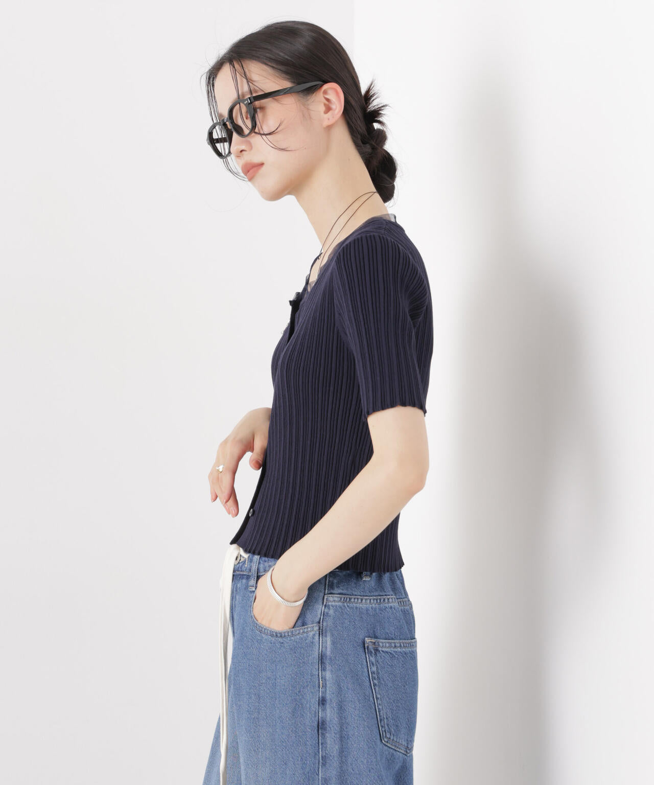 チュールコンビ半袖リブカーディガン 6736122321