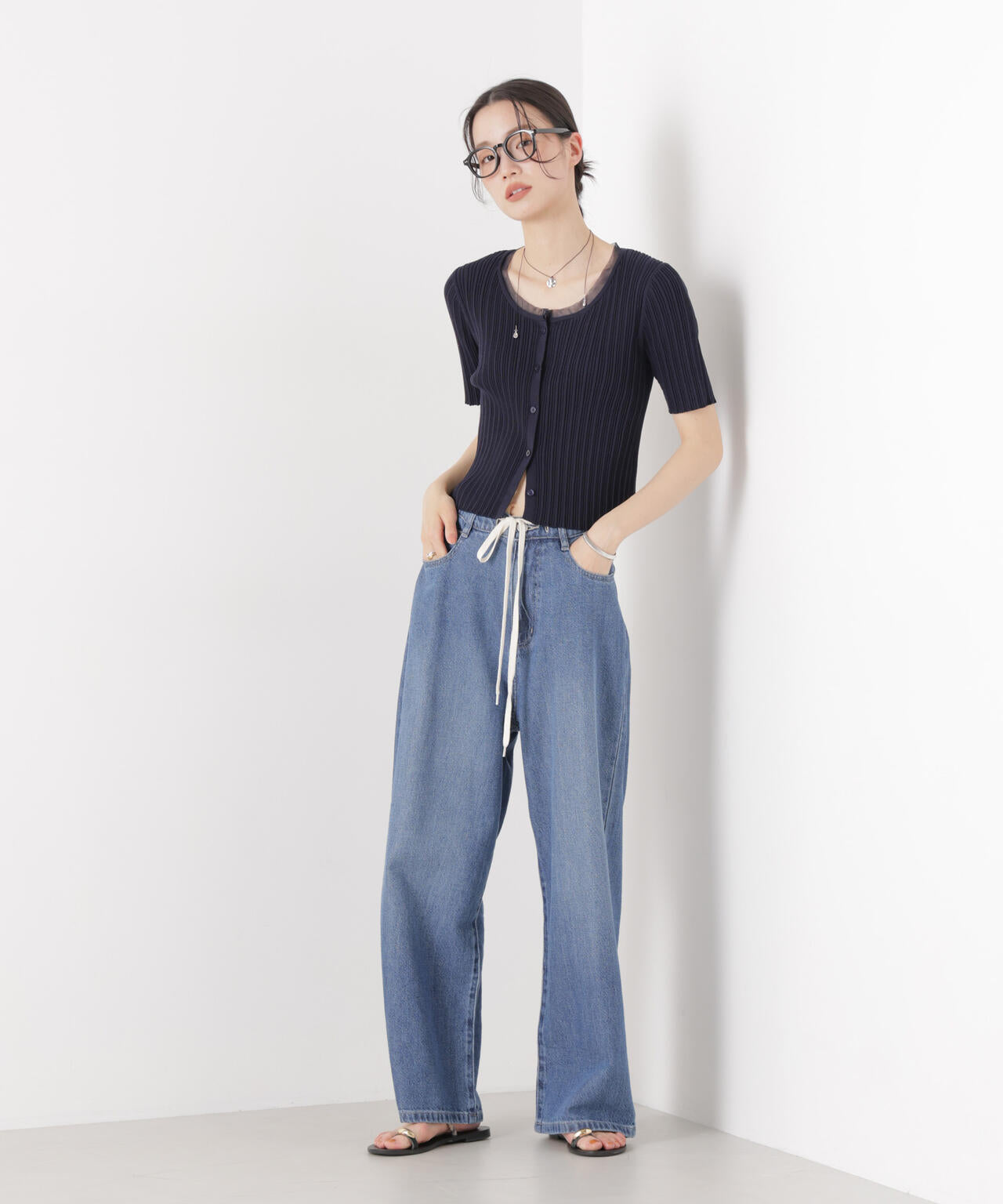 チュールコンビ半袖リブカーディガン 6736122321