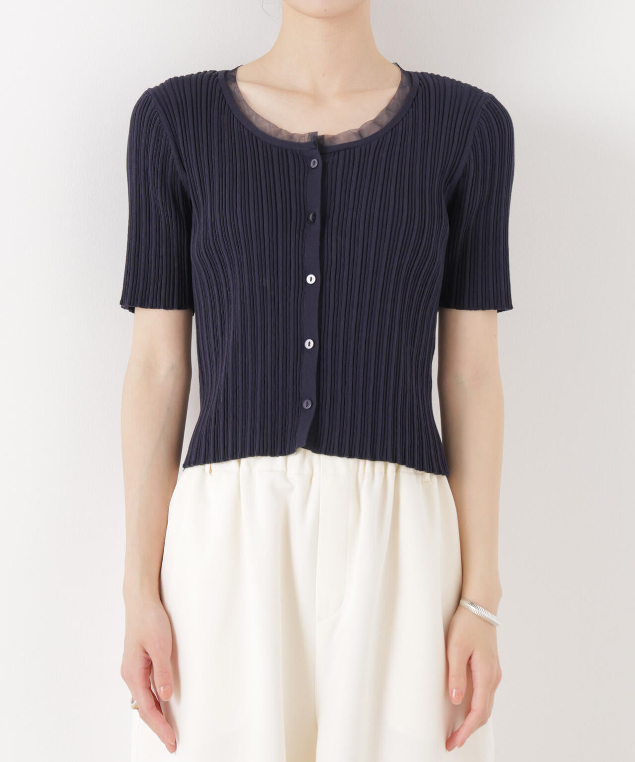 チュールコンビ半袖リブカーディガン 6736122321