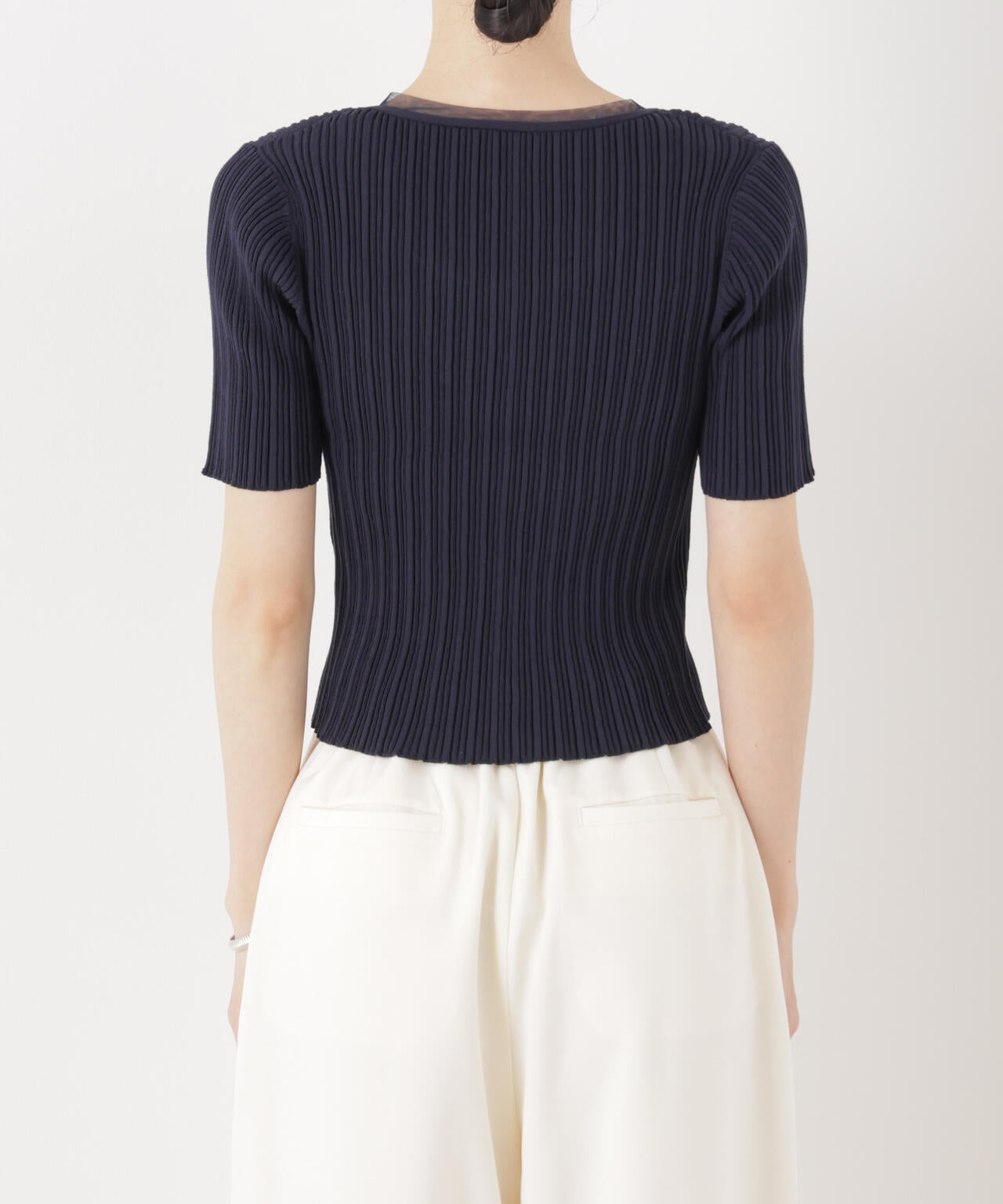 チュールコンビ半袖リブカーディガン 6736122321