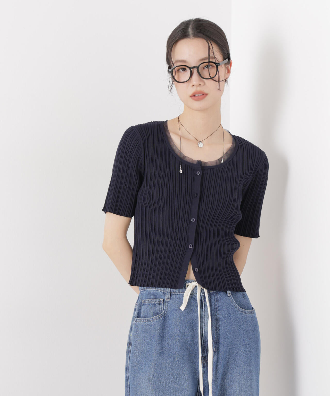 チュールコンビ半袖リブカーディガン 6736122321