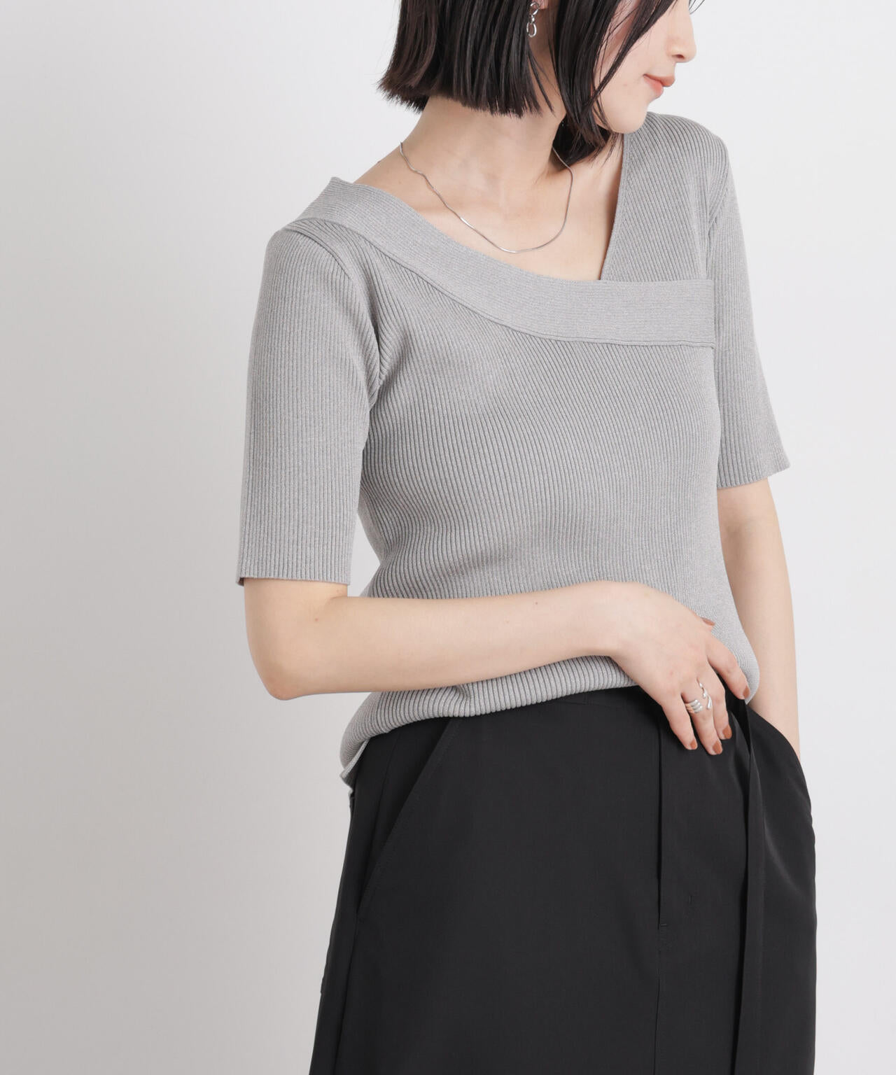 前後2way ボート & アシメネック リブニット トップス