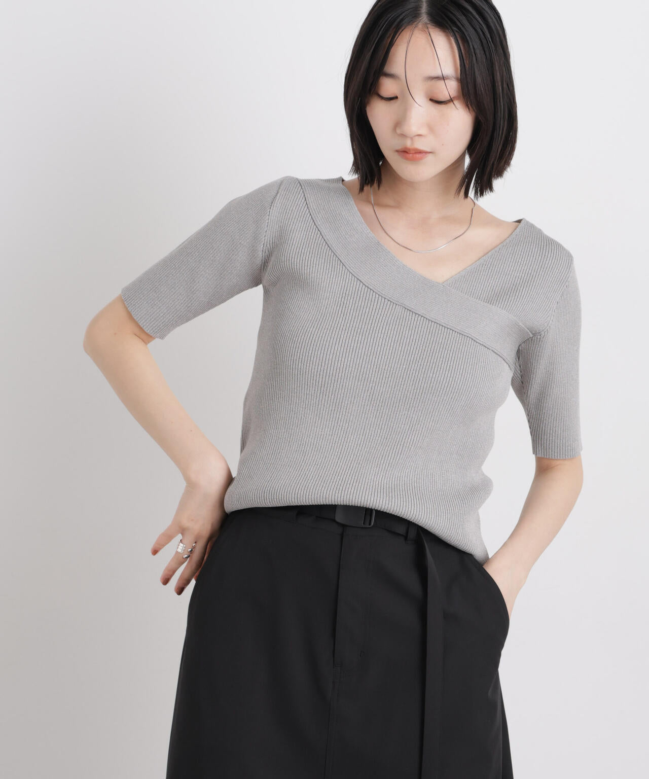 前後2way ボート & アシメネック リブニット トップス