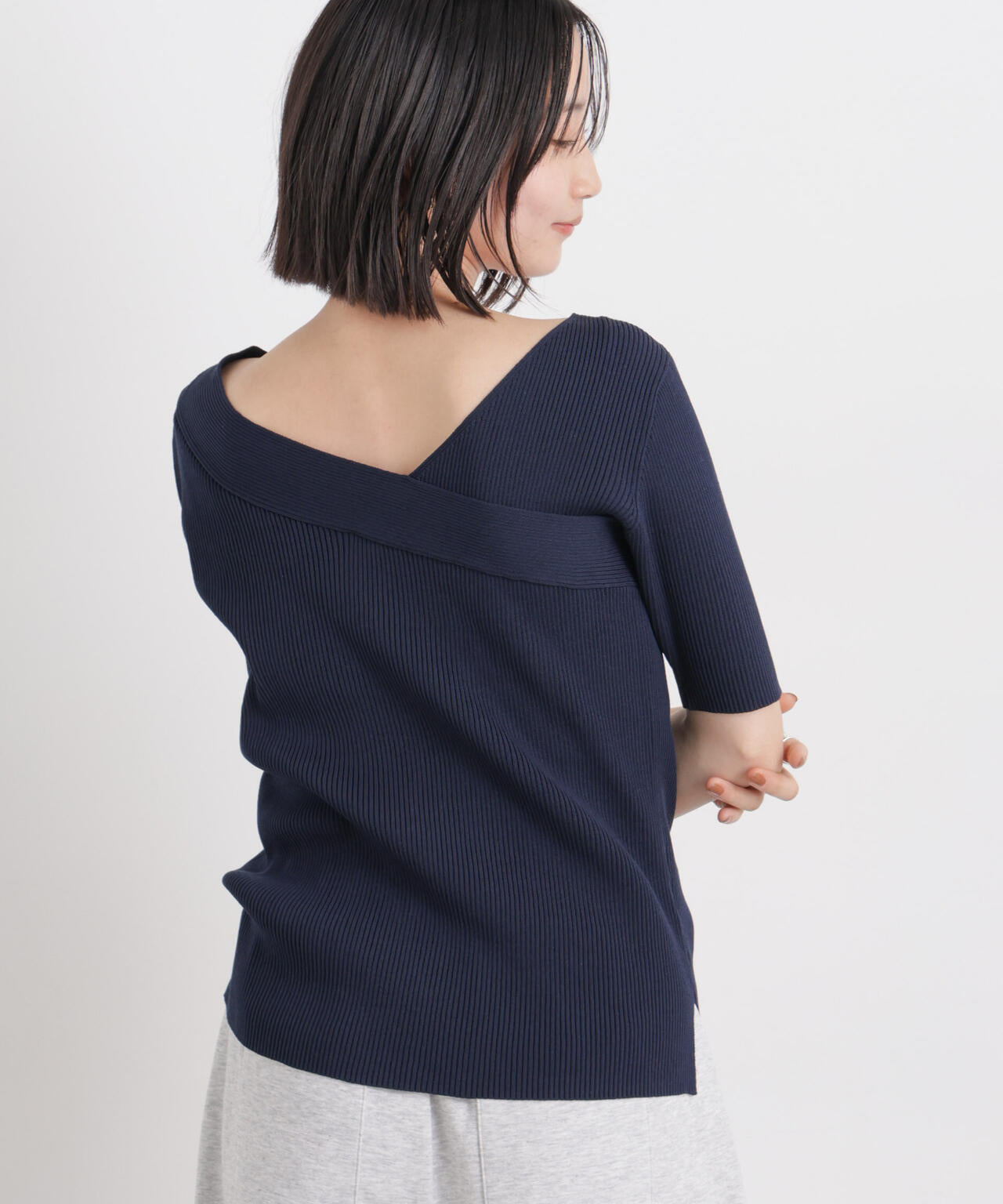 glance tokyo 同型 トップスのみM インポート品 前後2way ボート & アシメネック リブニット トップス
