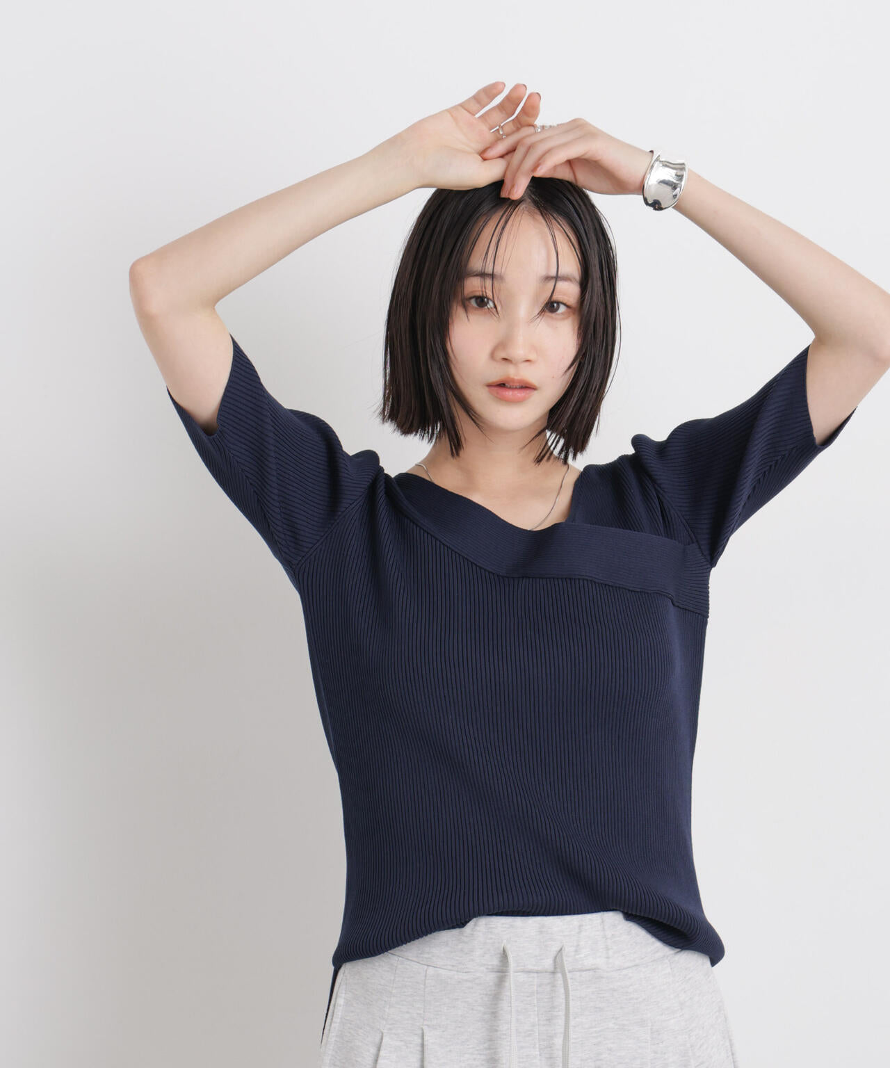 前後2way ボート & アシメネック リブニット トップス