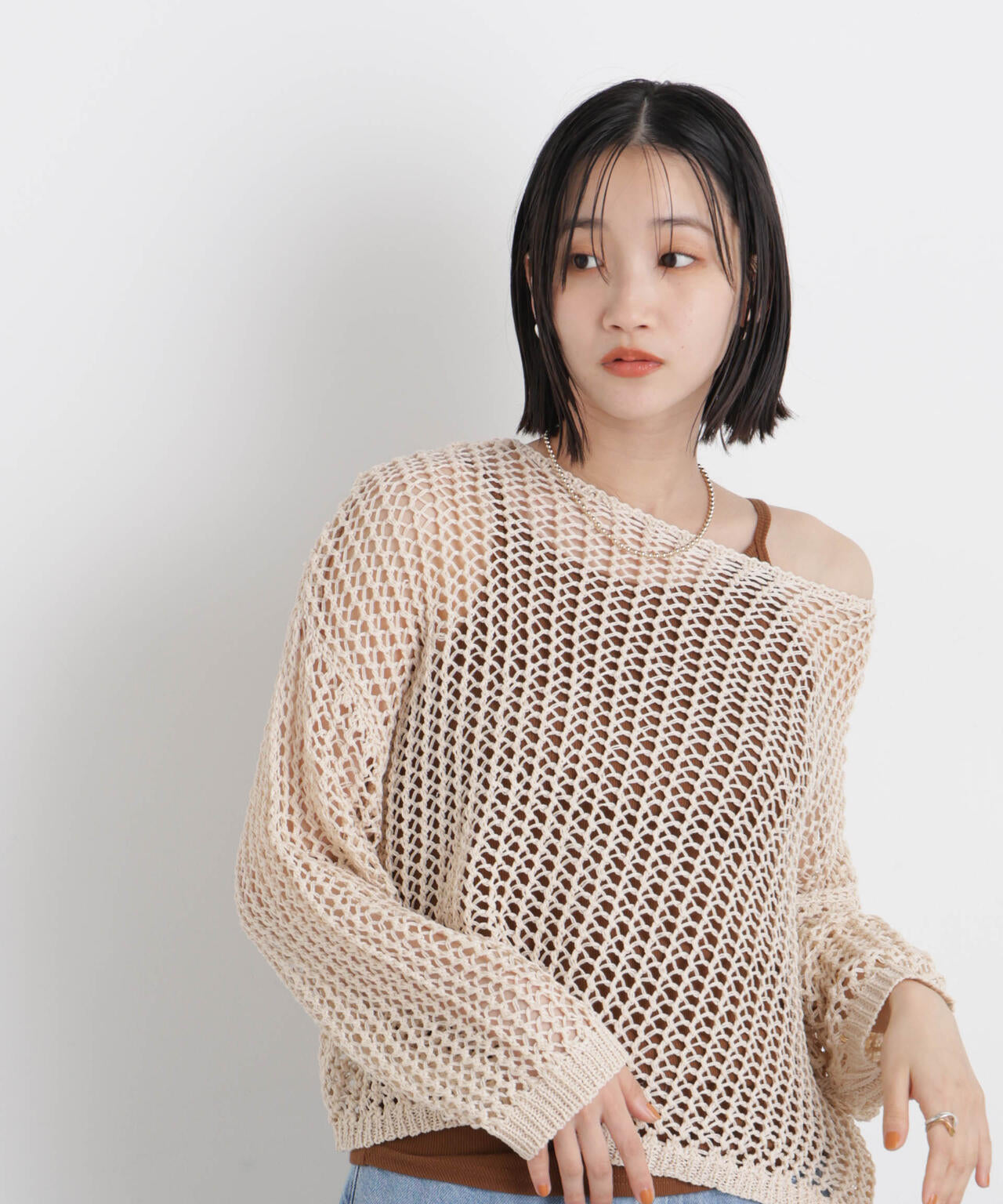 ワイドシルエットメッシュニットプルオーバー
