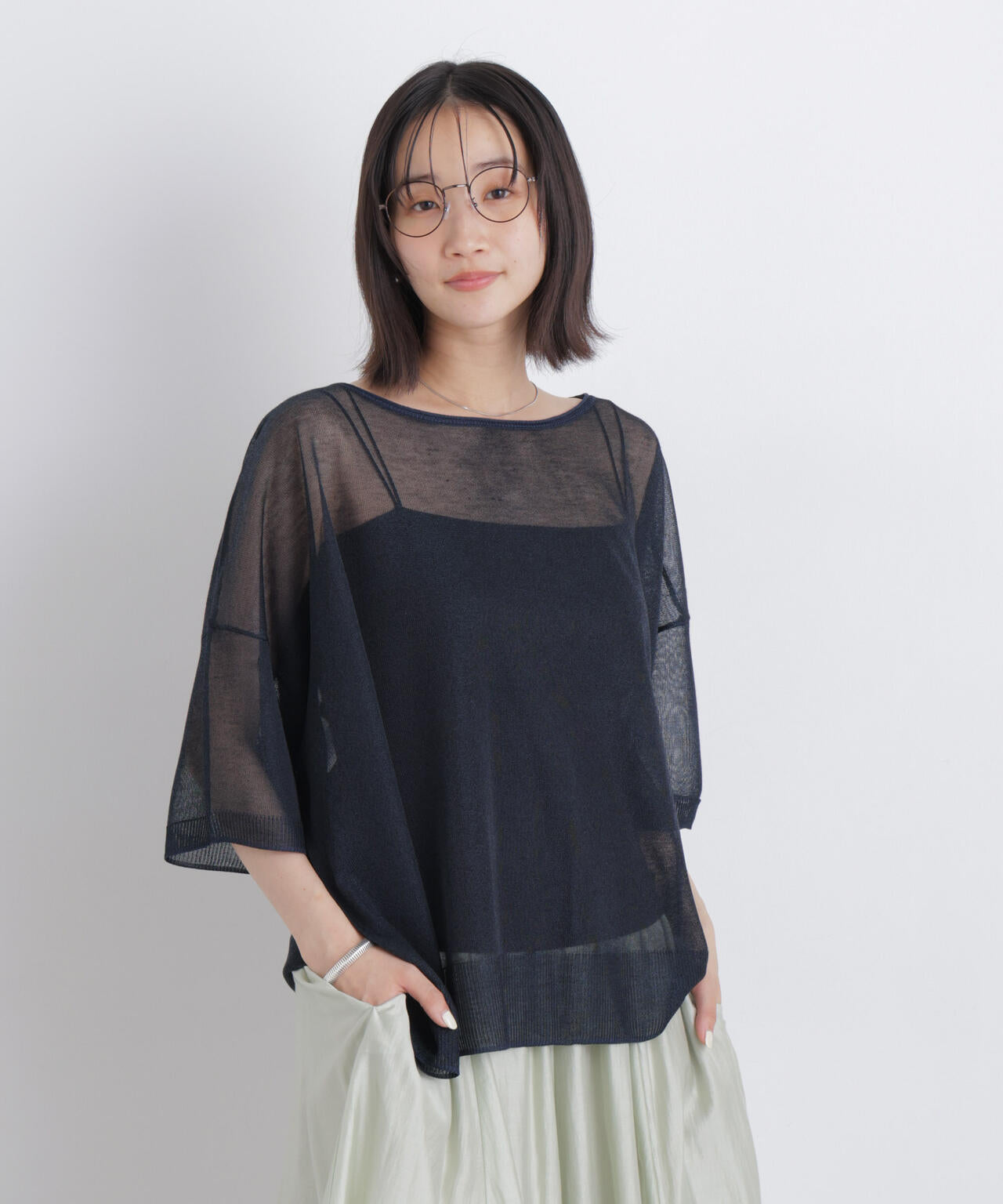現行♡美品♡プラダ サマーニット シアー ボートネック 七分袖 42 ブラック ボートネック シアー ワイド ニット