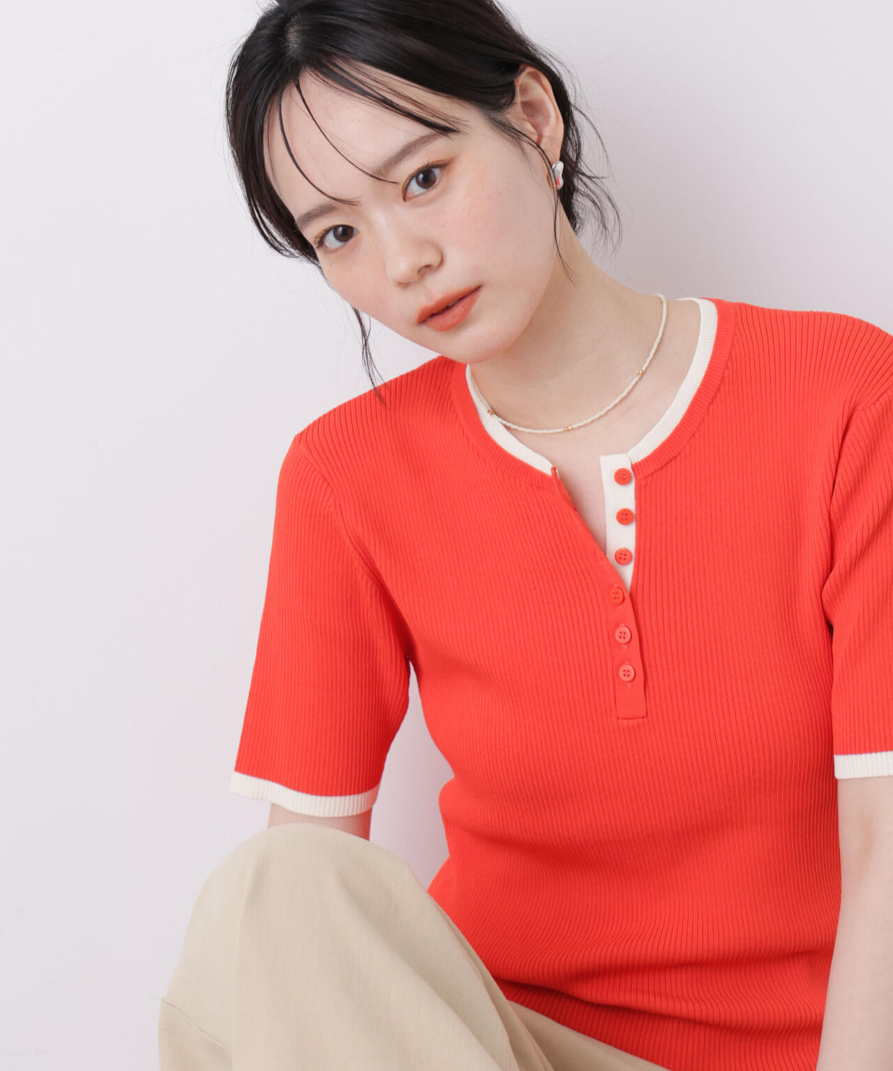 hAnA　ヴィンテージトップス　ニット 多機能素材 バイカラー ヘンリーネック ニット トップス