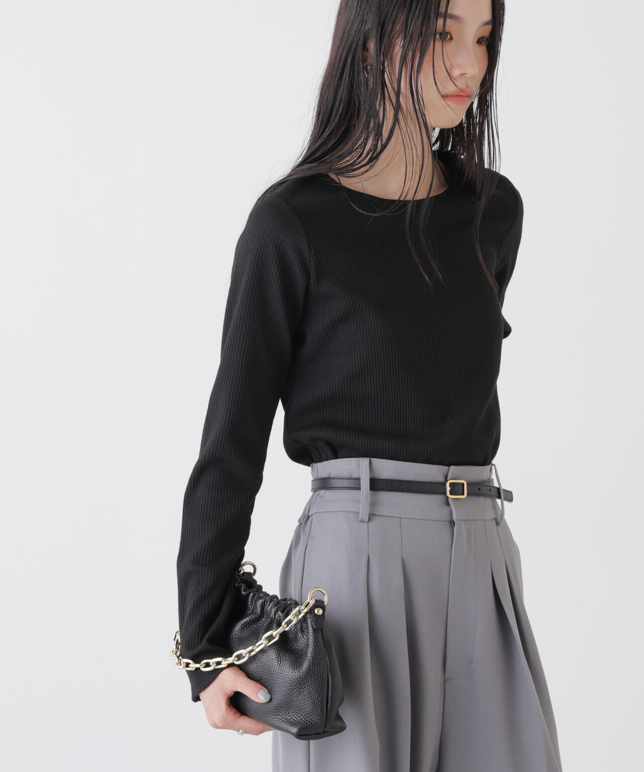 メタルボタンスリーブクルーネックリブカットトップス 6736123306