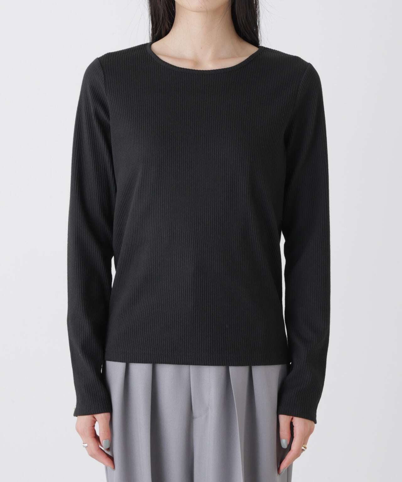 メタルボタンスリーブクルーネックリブカットトップス 6736123306