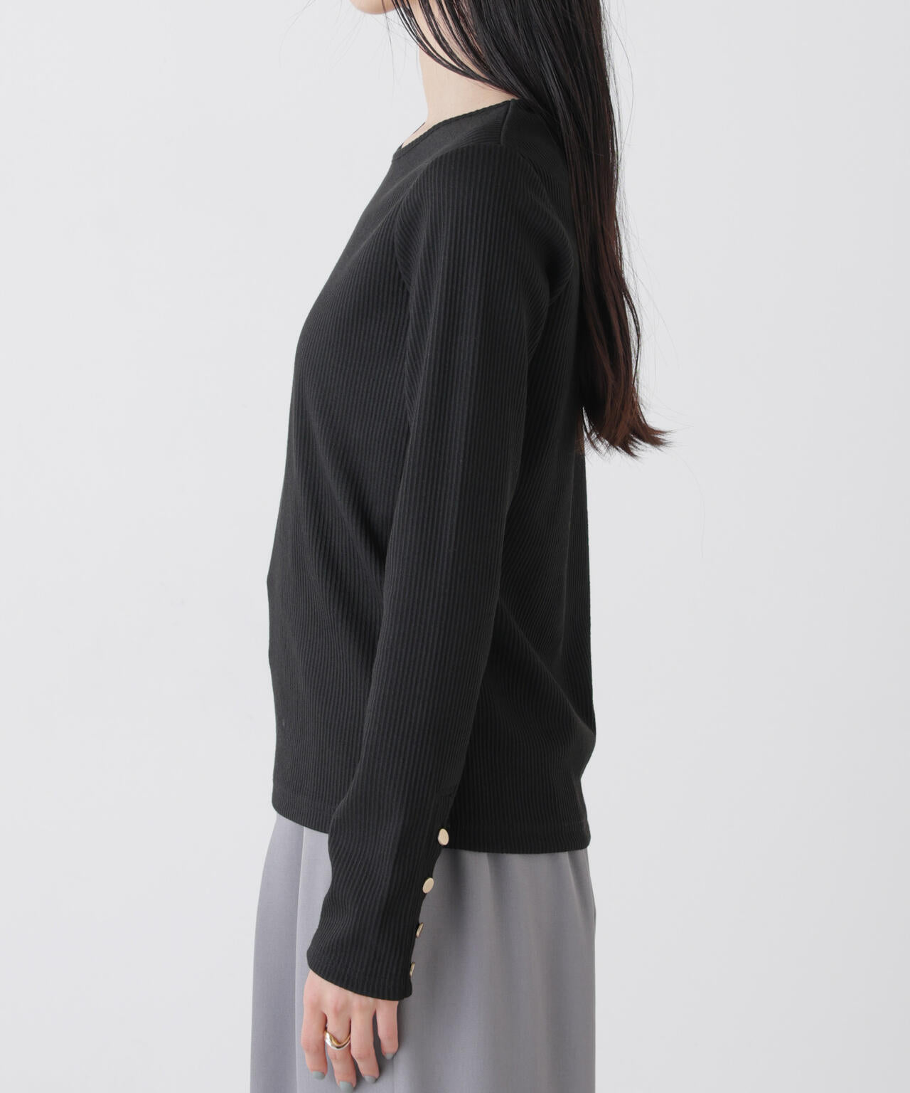 メタルボタンスリーブクルーネックリブカットトップス 6736123306