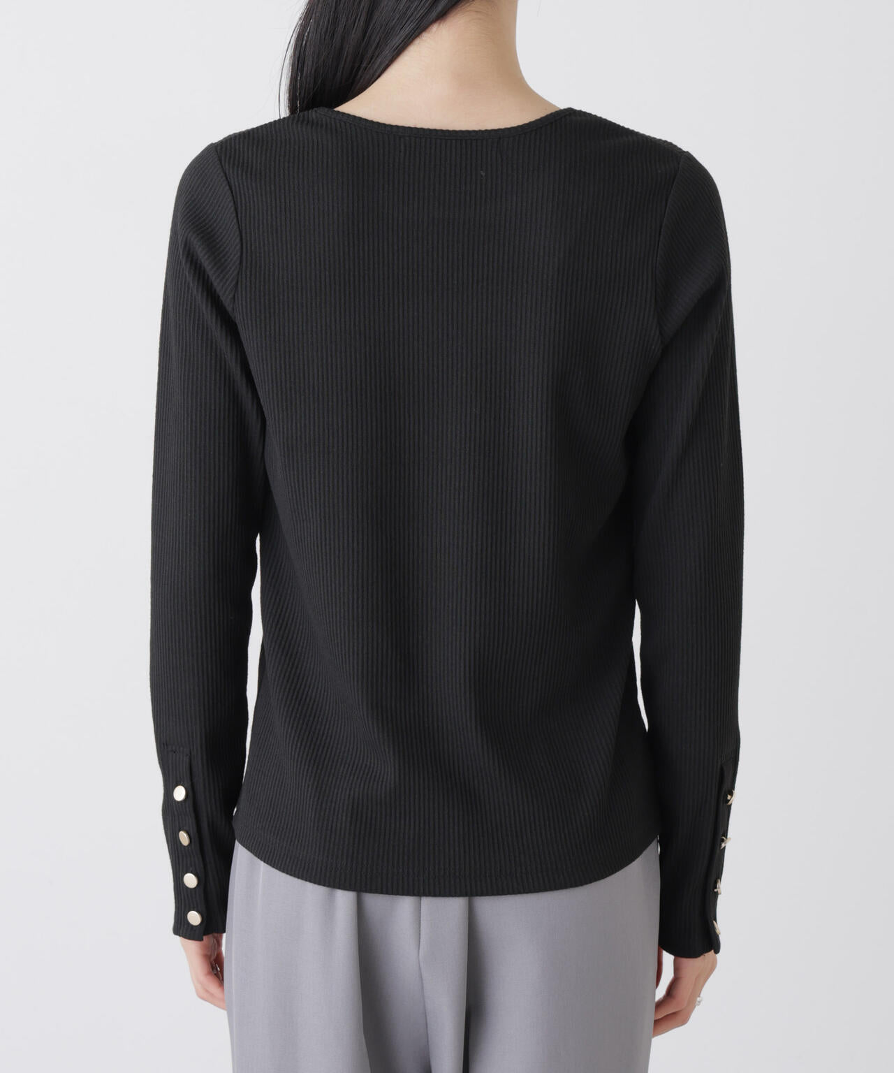 メタルボタンスリーブクルーネックリブカットトップス 6736123306