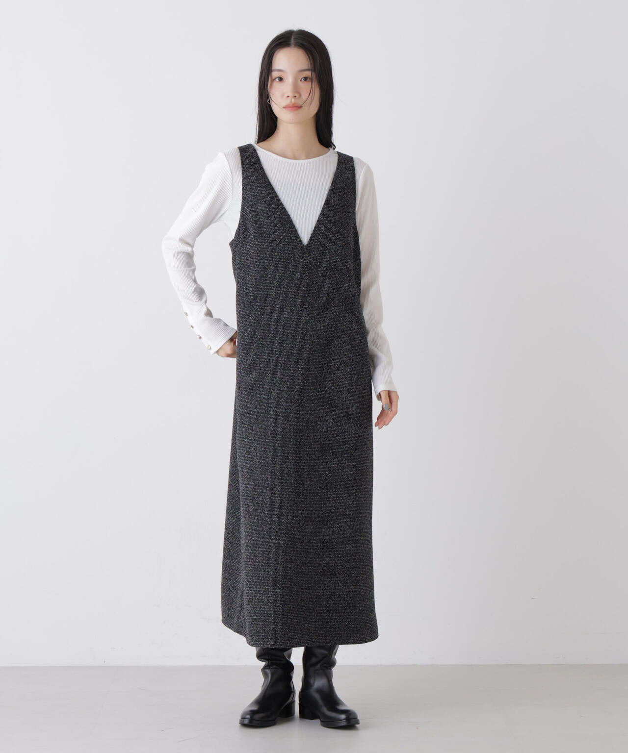 メタルボタンスリーブクルーネックリブカットトップス 6736123306