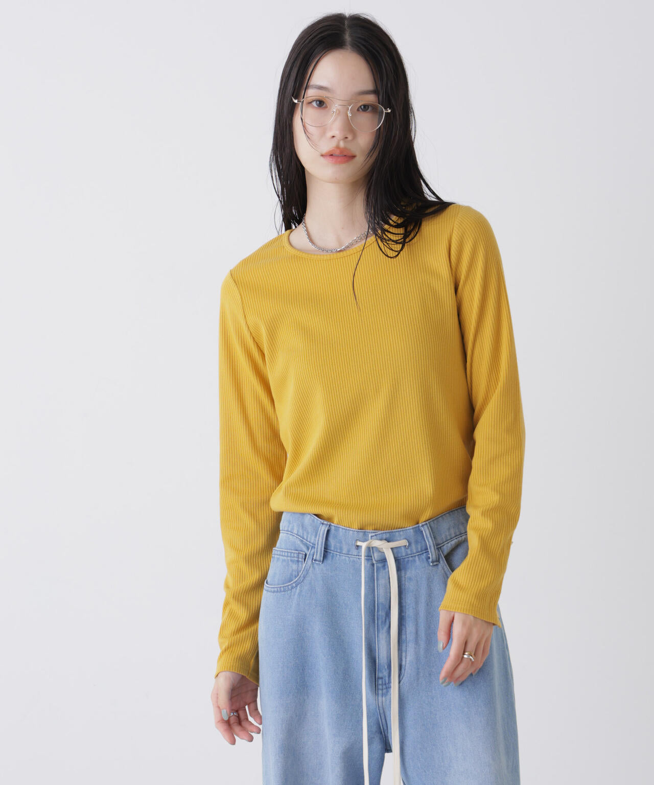 メタルボタンスリーブクルーネックリブカットトップス 6736123306