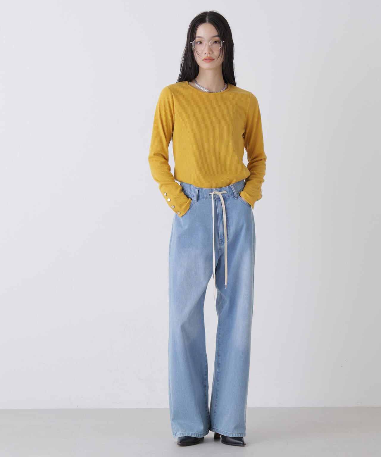 メタルボタンスリーブクルーネックリブカットトップス 6736123306