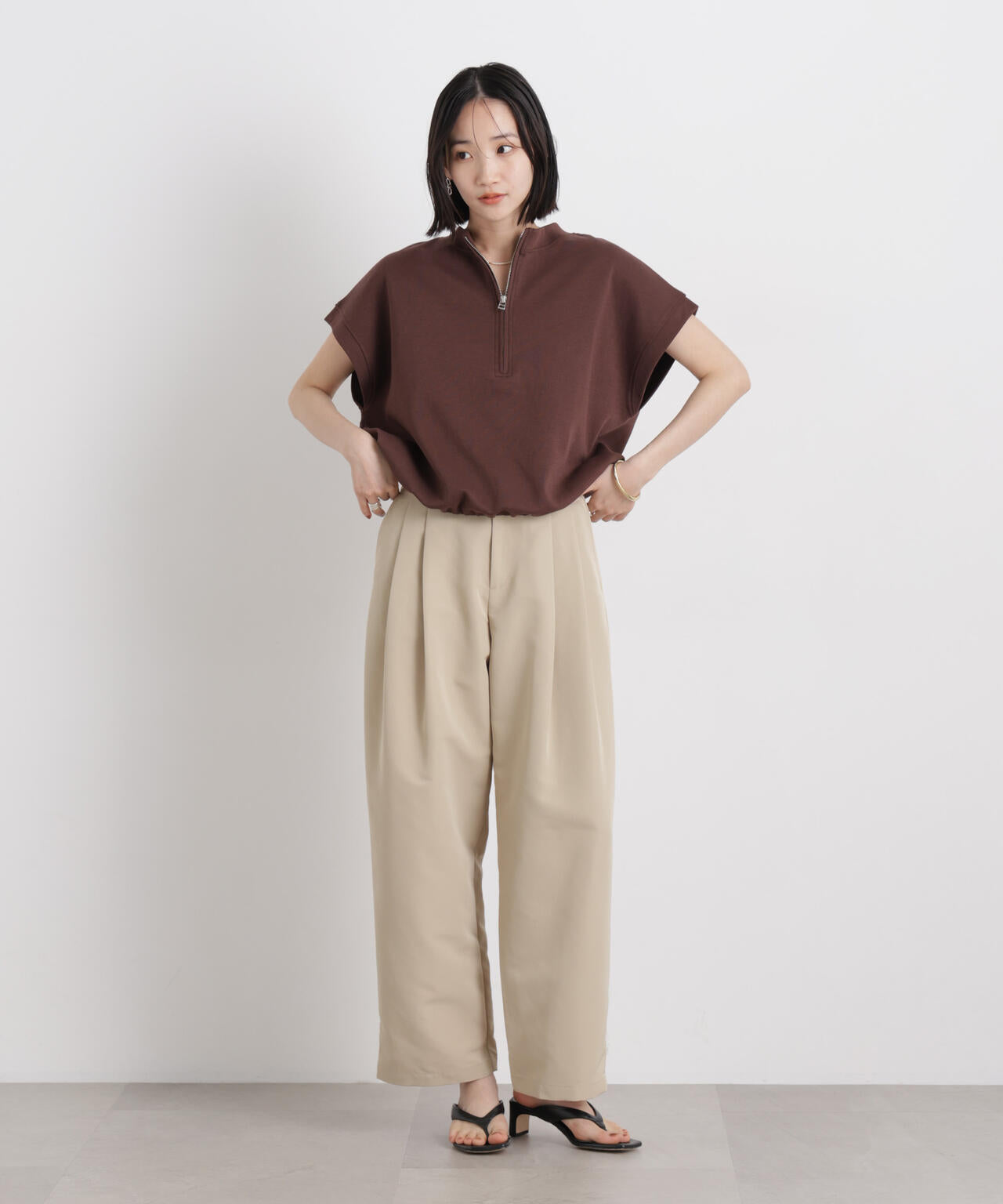 接触冷感 ダンボールカット ハーフジップ トップス ( セットアップ 可)