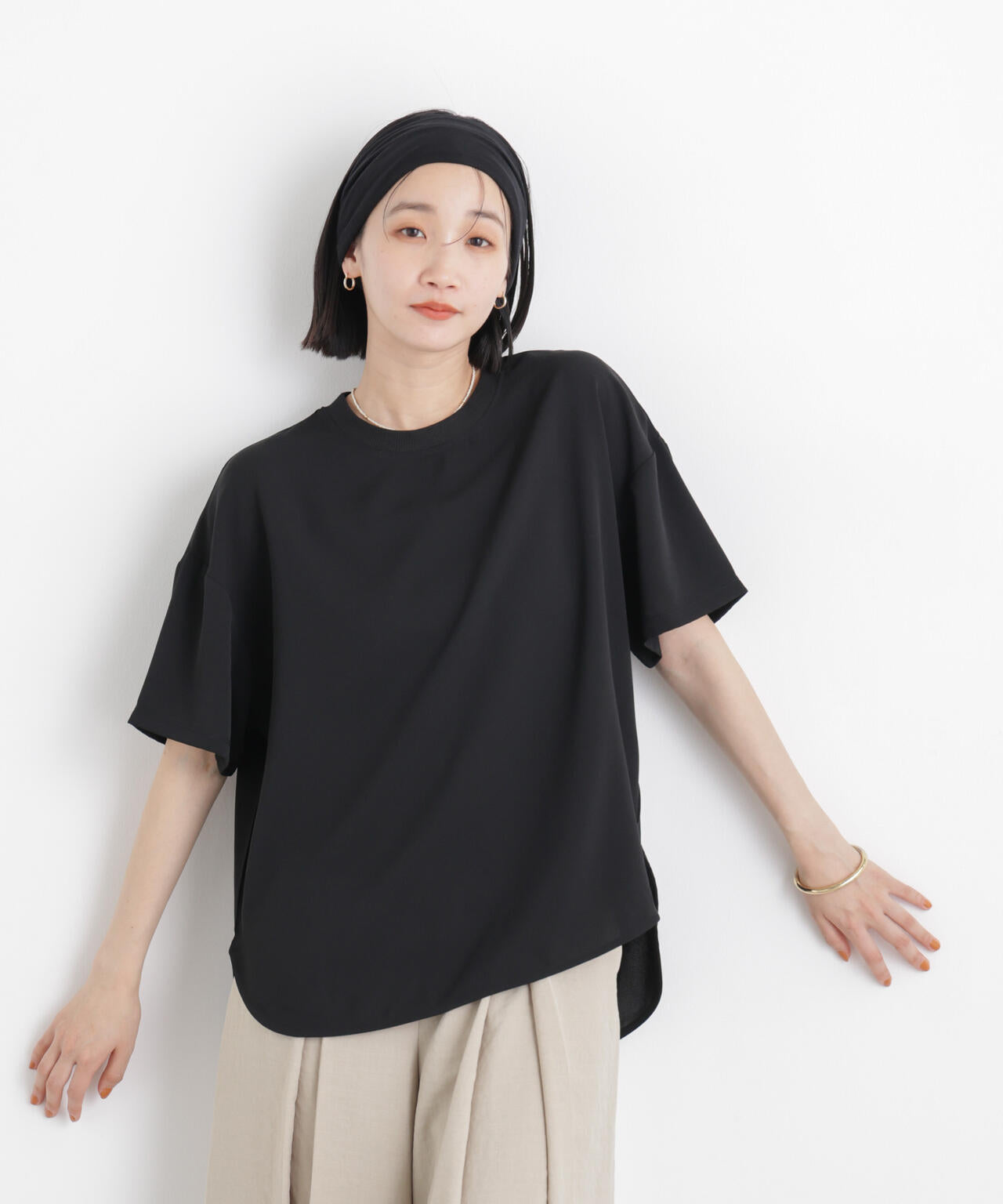 3407【美品】うさと　ラウンドヘムワイドネックブラウス手織 天然草木染 カットジョーゼット ラウンドヘム T ブラウス