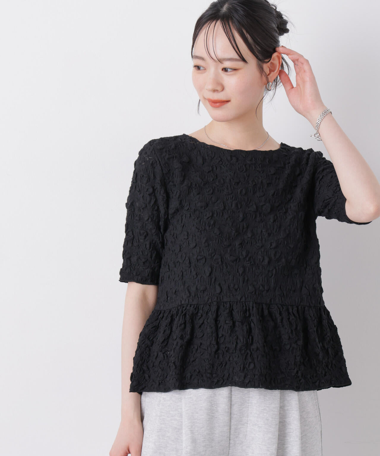 レース ジャガード カット ペプラム トップス